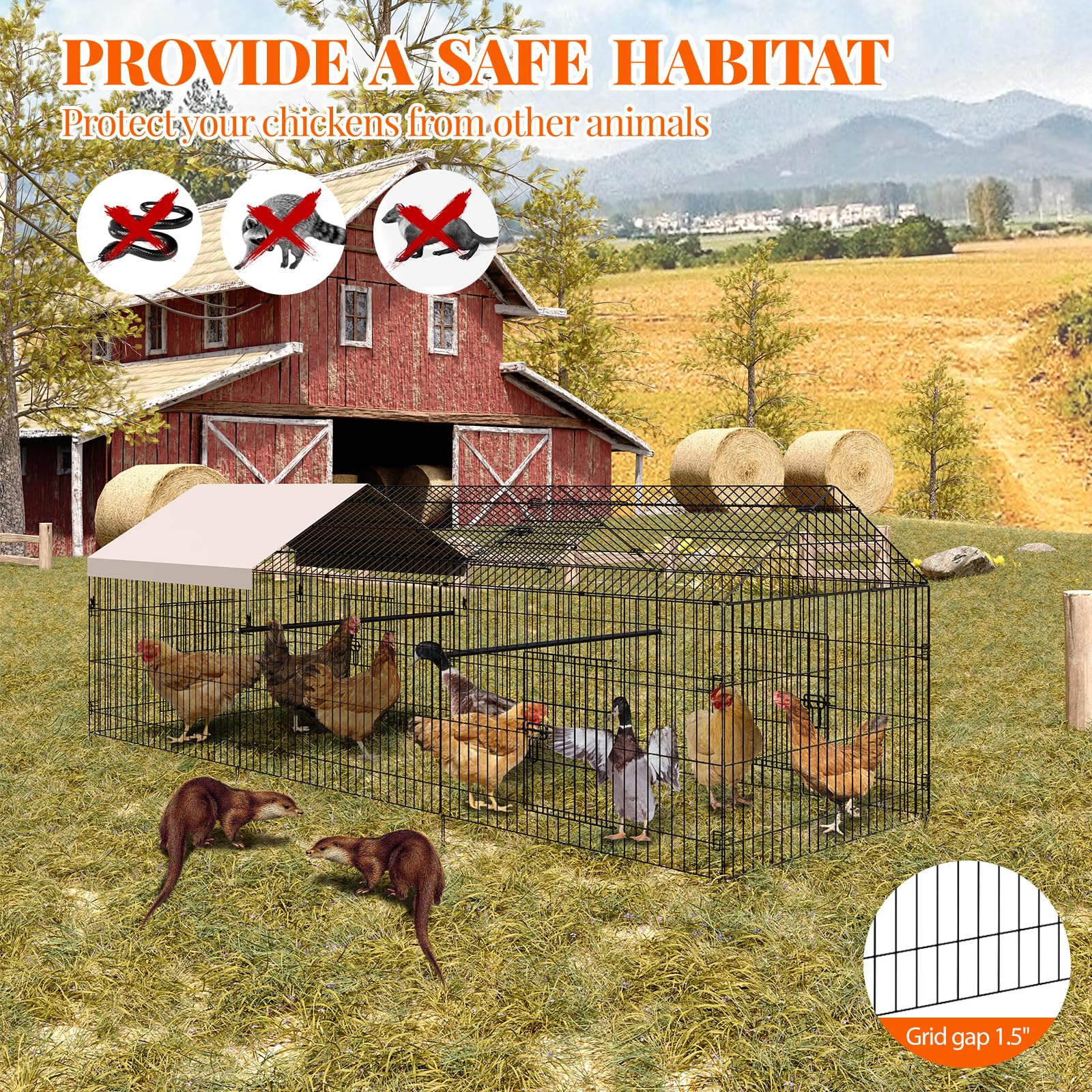 Pollaio Garvee 100x330x100cm – Acciaio zincato con 3 scomparti e 4 porte per polli e conigli