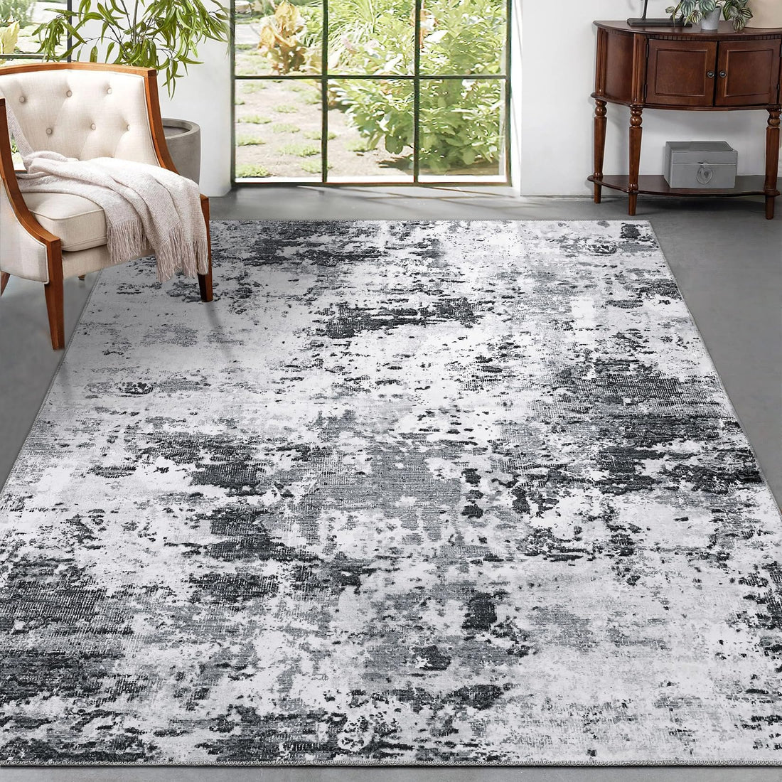 Tappeto moderno astratto Garvee 160x230 cm lavabile antiscivolo soggiorno camera da letto grigio bianco