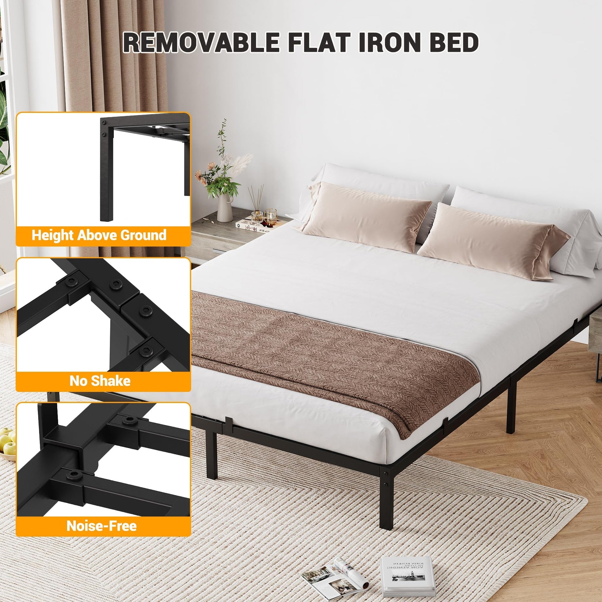 Struttura letto matrimoniale in metallo Garvee da 14 pollici con robuste doghe in metallo per camera da letto, altezza 14 pollici, nero, silenzioso, non richiede box spring