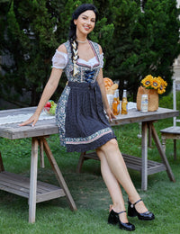 Abito tradizionale Dirndl da donna Garvee, corto con ricami, tre pezzi, Oktoberfest, blu scuro con fiori, taglia 36