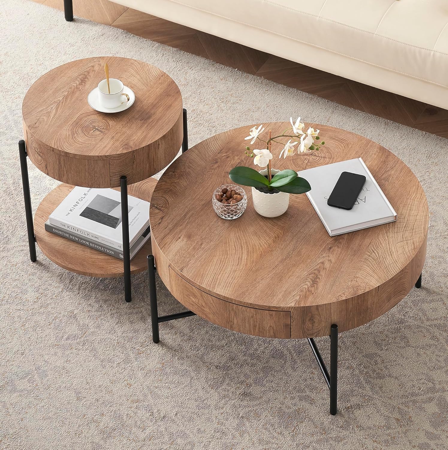 Tavolino da caffè rotondo in legno Garvee con 2 cassetti, gambe in metallo, stile rustico per soggiorno, stile fattoria, dimensioni medie, marrone