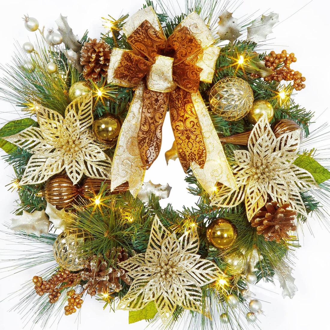 Ghirlanda natalizia dorata Garvee da 24 pollici illuminata con 20 luci LED per porte e finestre, marrone