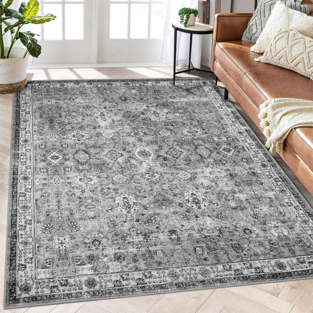 Tappeto Garvee Boho per soggiorno, grande, vintage, lavabile, a pelo corto, antiscivolo, grigio 160x230 cm