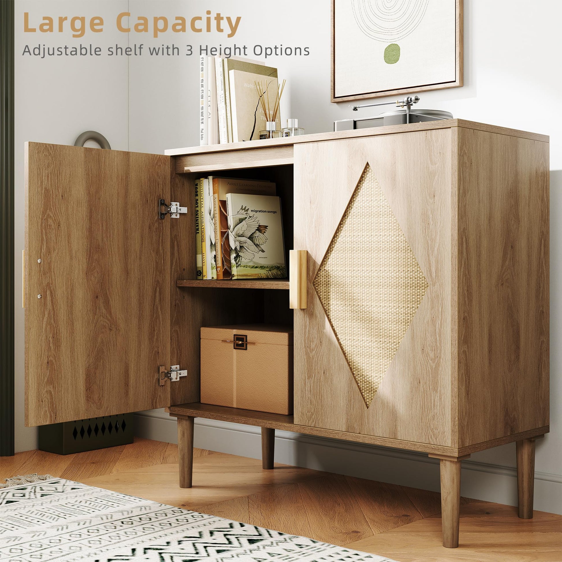 Garvee Buffet Cabinet Con 2 Decorazioni In Rattan, Mobile Contenitore In Legno Naturale Per Soggiorno E Sala Da Pranzo, Naturale