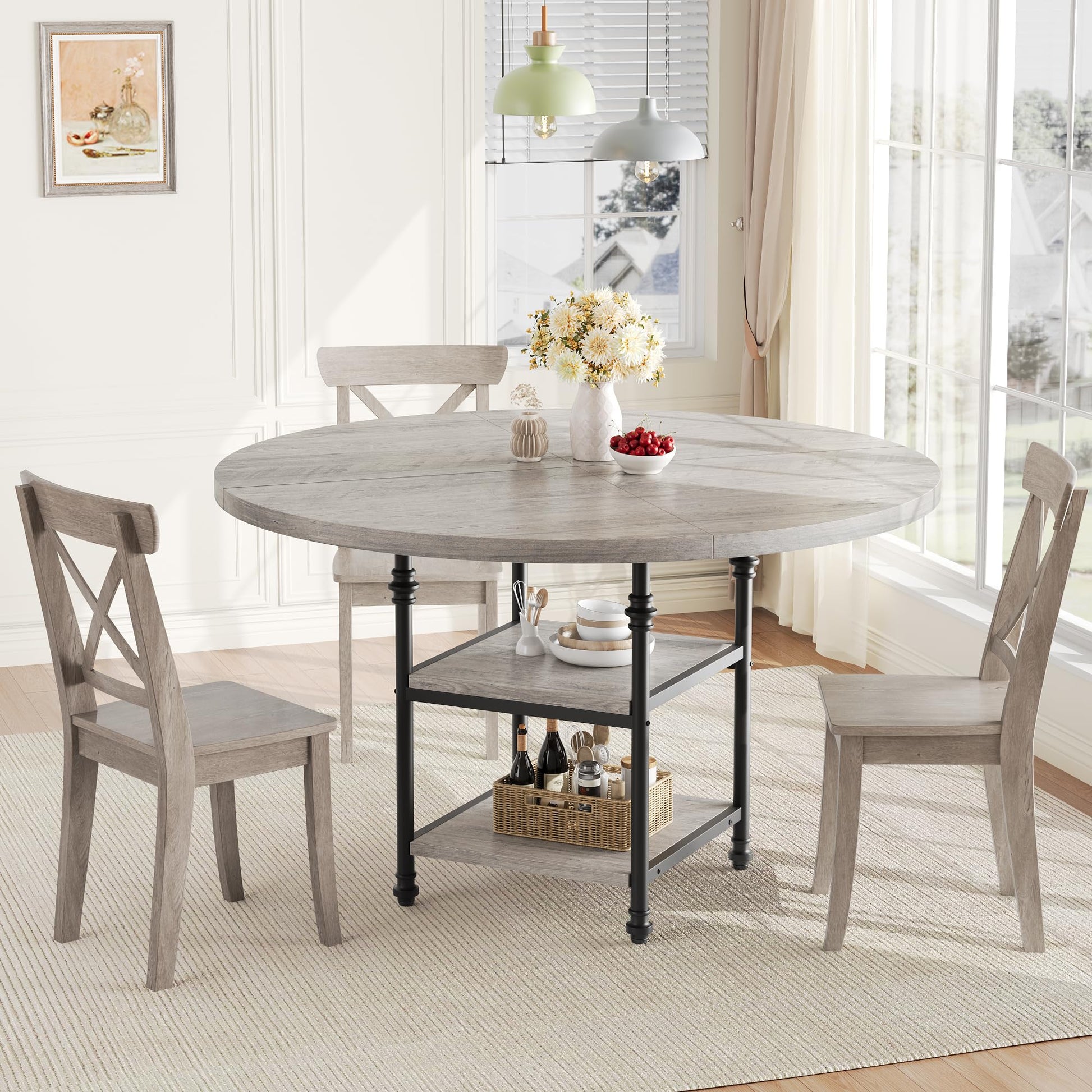 Tavolo da pranzo rotondo Garvee da 119.38 cm per 4 persone con gambe in metallo romano, ripiano a 2 livelli, piedini regolabili, grigio rustico, cucina e sala da pranzo