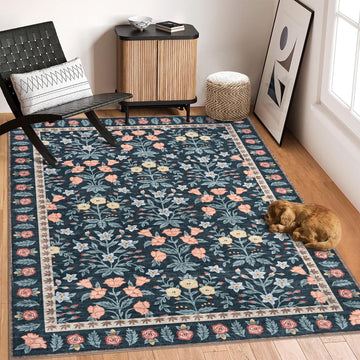 Tappeto decorativo Garvee per interni Boho 160x230cm, tappeto antiscivolo a pelo corto con motivo floreale nero per soggiorno, cameretta dei bambini, sala giochi