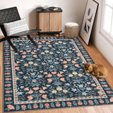Tappeto decorativo da interno Garvee Boho 160x230cm, antiscivolo, a pelo corto, in fibre sintetiche morbide, motivo floreale nero vintage, per soggiorno, sala giochi - 