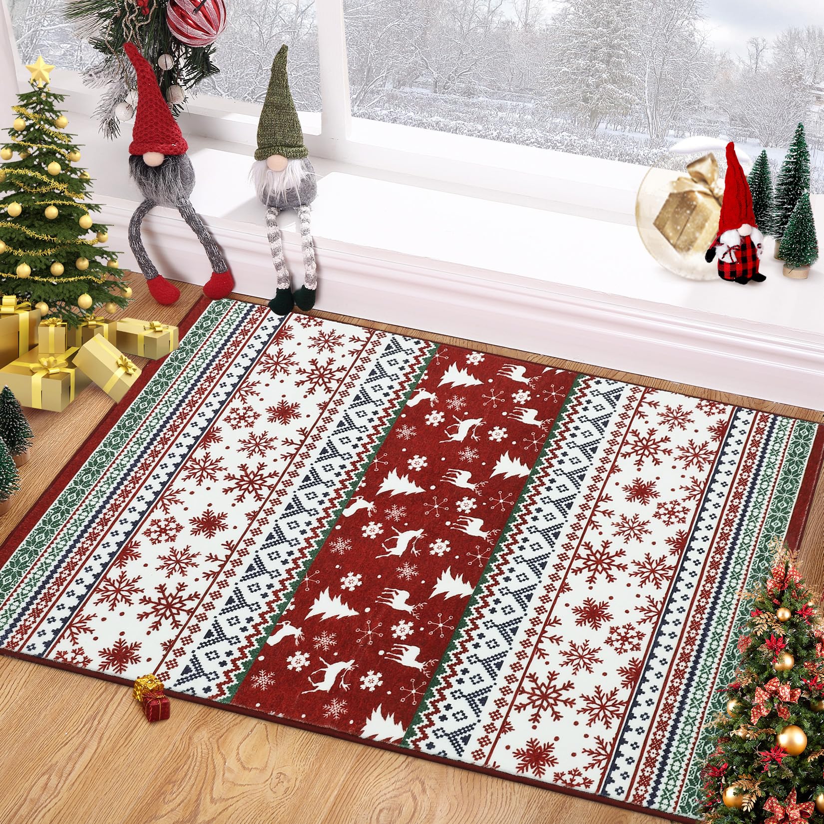 Tappeto natalizio Garvee, zerbino lavabile antiscivolo per soggiorno, cucina, cameretta dei bambini, 60x100 cm, rosso