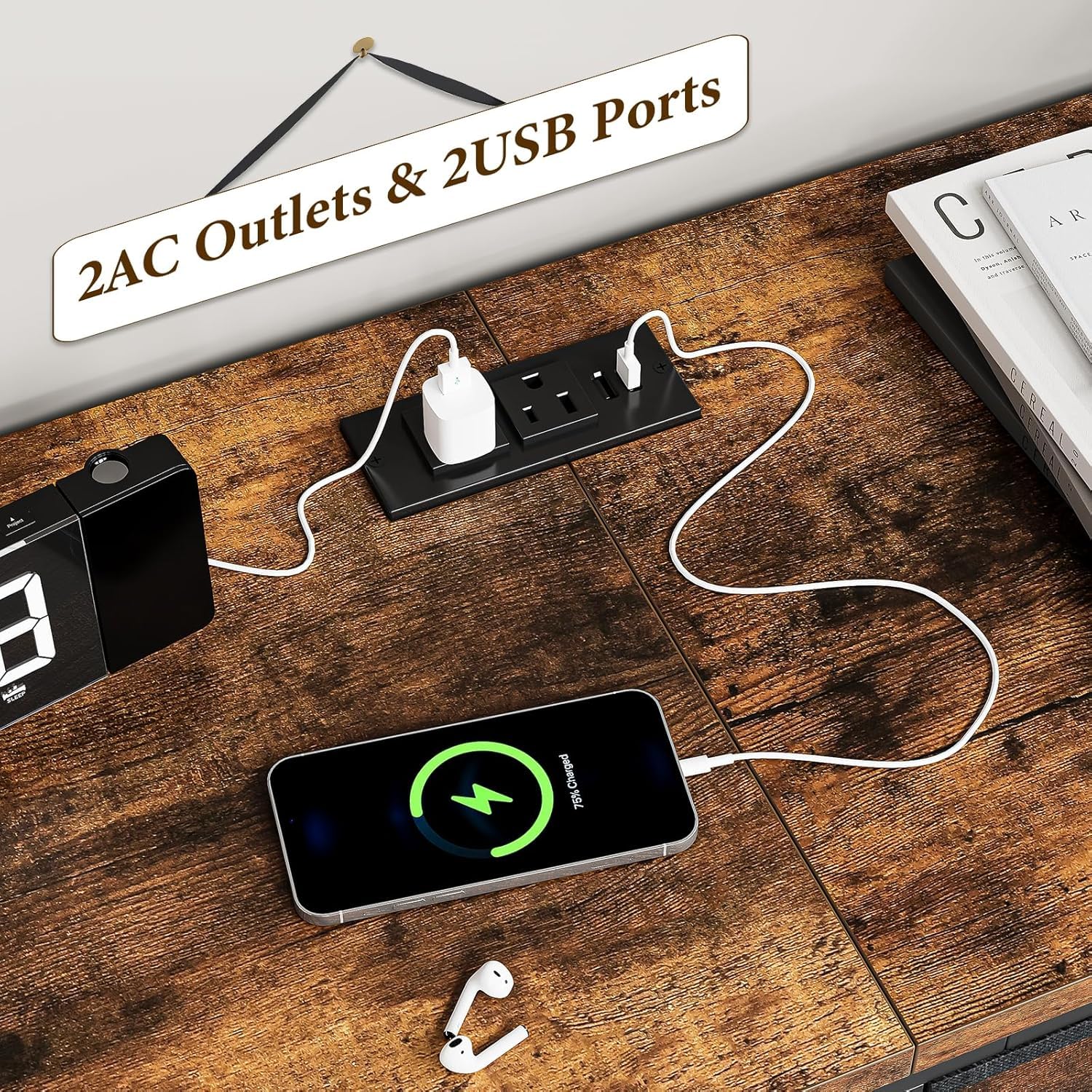 Mobile TV Garvee con 14 cassetti e prese, credenza bassa da 160 cm per TV da 75 pollici, set di sicurezza, moderno, rovere bianco