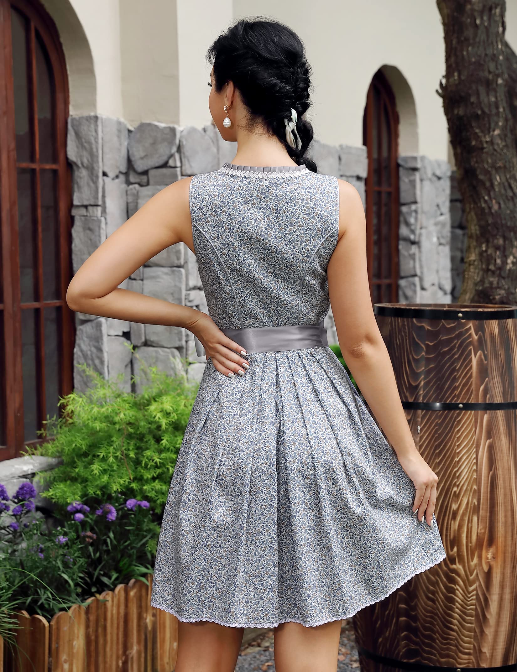 Garvee Dirndl da donna, abito tradizionale midi in 2 pezzi con grembiule Dirndl per l'Oktoberfest, taglia 44, grigio-blu, elegante, festoso, comodo, moderno
