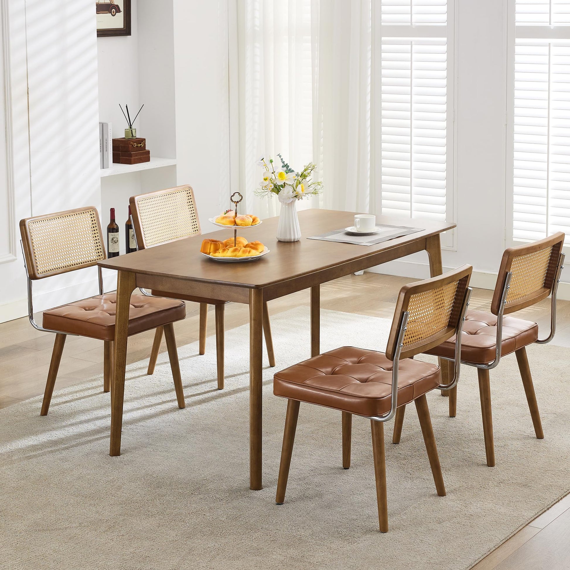Set di 2 sedie da pranzo Garvee Mid Century in rattan con schienale intrecciato a mano, seduta imbottita, struttura in legno, pelle PU marrone, per cucina e sala da pranzo