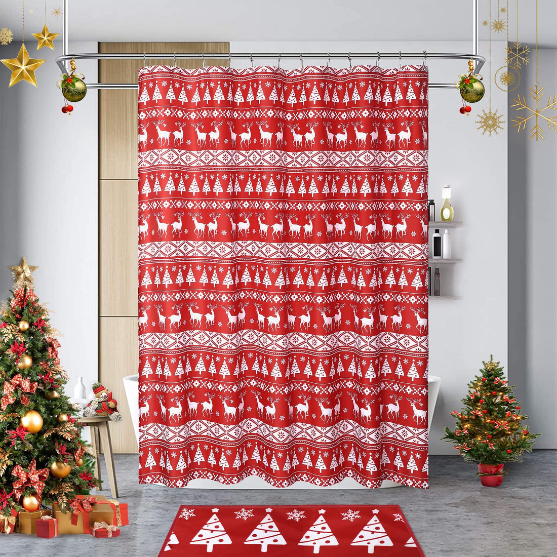 Tenda da doccia natalizia Garvee con motivo ad albero e cervo, impermeabile, magnetica, 35x72 pollici, rosso e bianco, arredo bagno