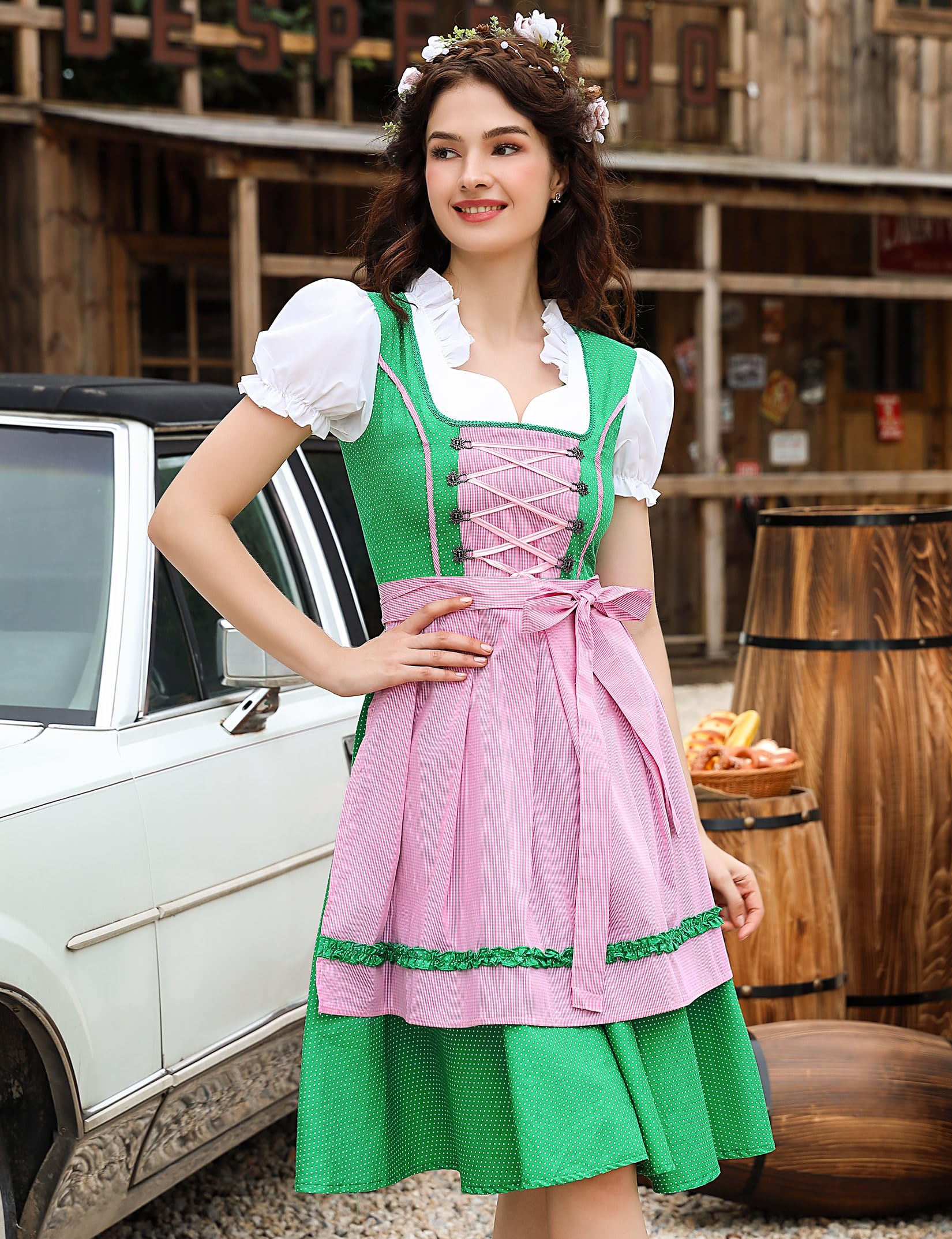 Abito tradizionale femminile Garvee Dirndl, lunghezza media, due pezzi, con grembiule, taglie 34–48