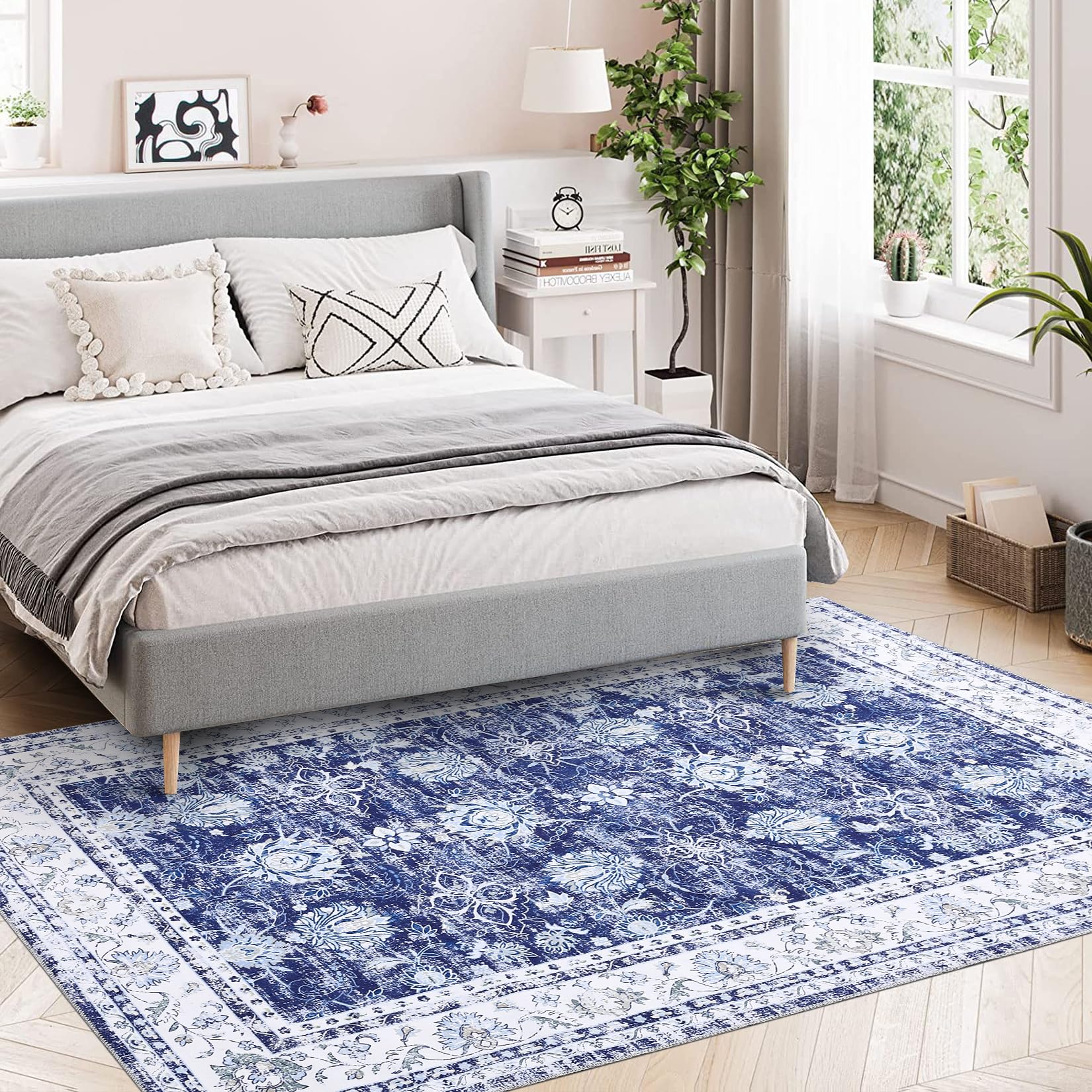 Tappeto vintage GARVEE, design orientale, antiscivolo, antimacchia, pelo corto, lavabile, blu navy, 160x230 cm, per soggiorno e camera da letto