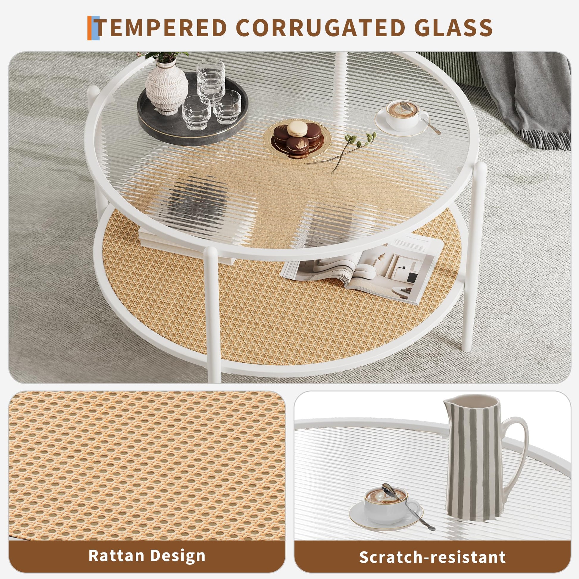 Tavolino da caffè Garvee in rattan da 30" con struttura in metallo e vetro resistente al calore per soggiorno e ufficio, bianco, 30 pollici
