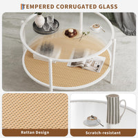 Tavolino da caffè Garvee in rattan da 30" con struttura in metallo e vetro resistente al calore per soggiorno e ufficio, bianco, 30 pollici
