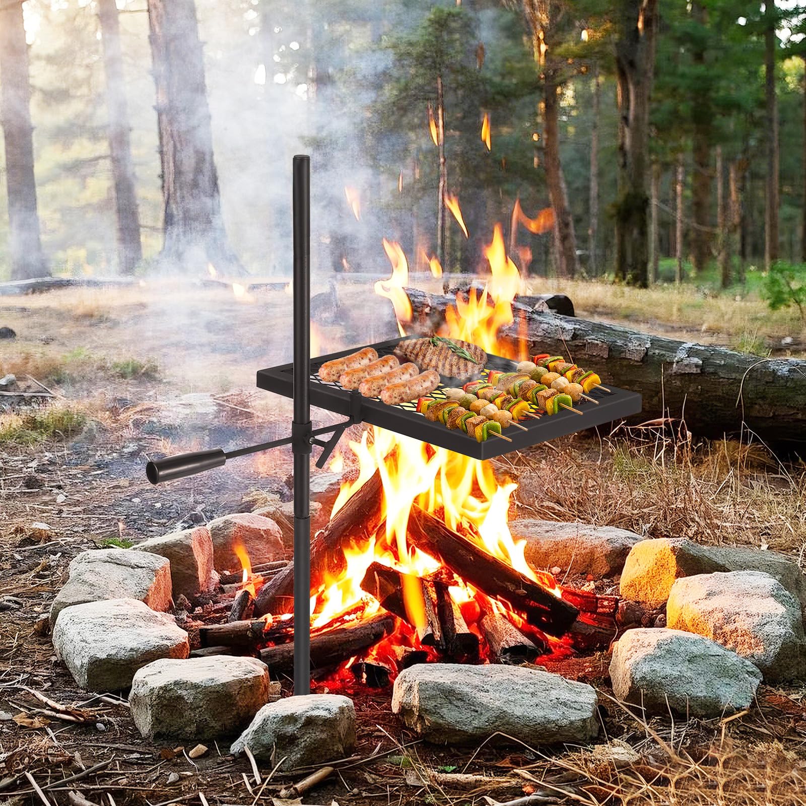 Griglia girevole per falò Garvee da 16,7'' x 12,6'' realizzata in robusto acciaio con rotazione a 360° e regolazione dell'altezza per barbecue all'aperto, picnic, giardino, nera