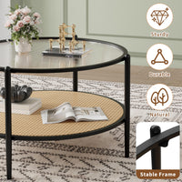 Tavolino da caffè Garvee in rattan da 30" con 2 ripiani, struttura in metallo, piano in vetro effetto onda, nero, soggiorno e ufficio, 30"