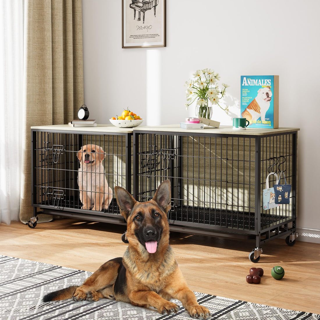 Garvee Dog Crate Furniture 27,2" in legno con ruote e doppie porte per cani di piccola e media taglia, per interni, grigio rustico