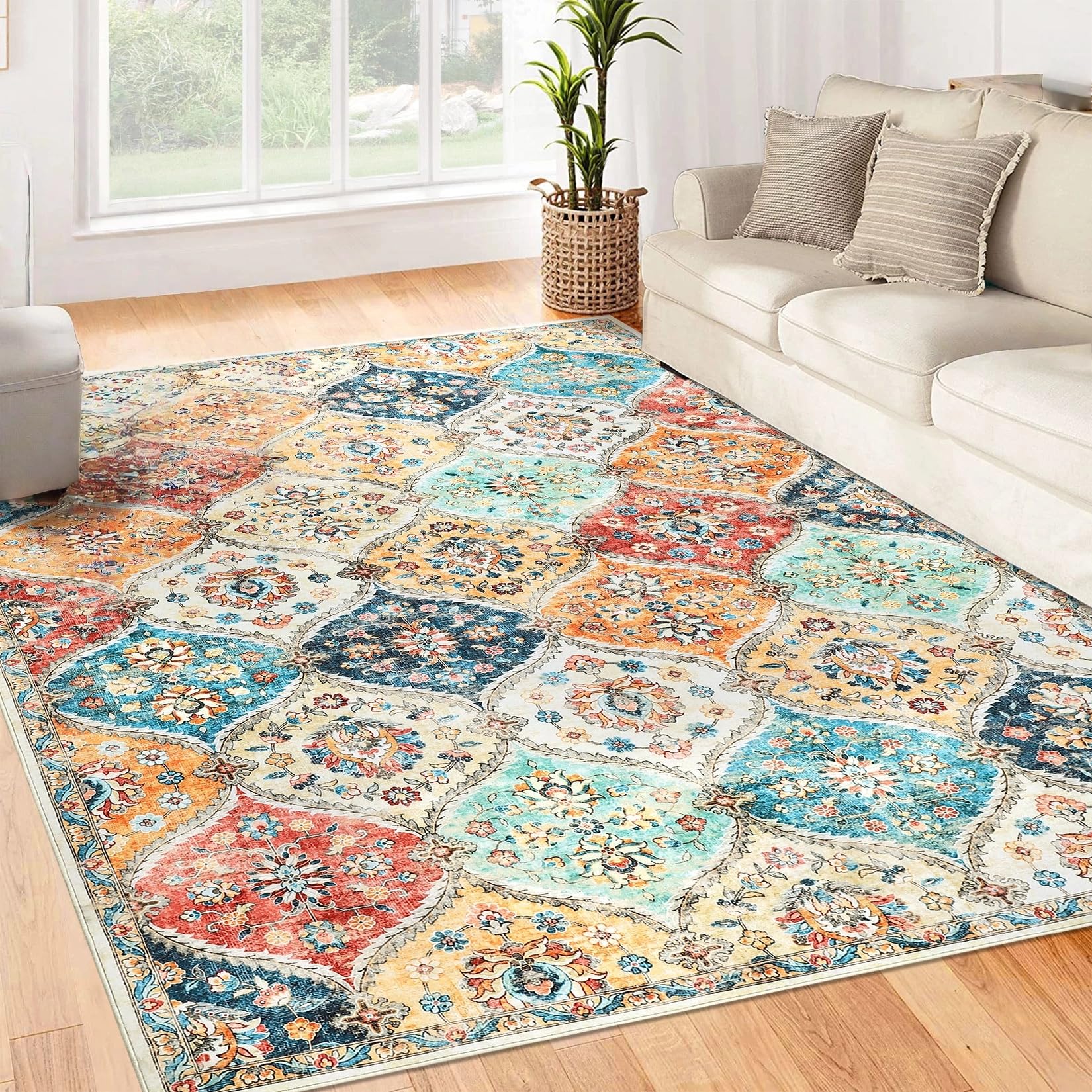 Tappeto da corridoio Garvee 120 x 170 cm, lavabile, motivo floreale vintage, per camera da letto e cucina, antiscivolo