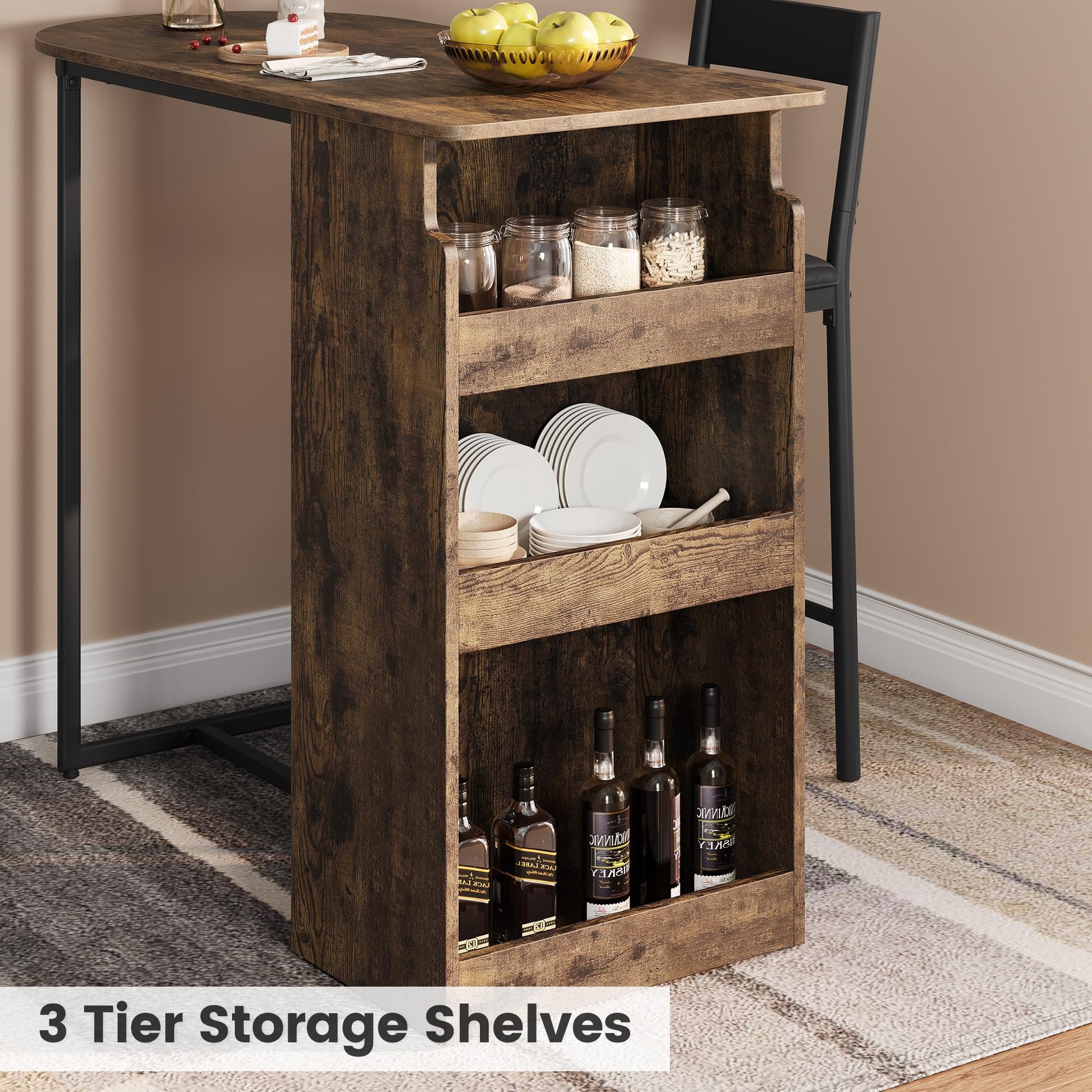 Set tavolo e sedie da bar Garvee con piano semicircolare in stile retrò, ripiano a 3 livelli, sgabelli rivestiti in pelle per cucina e ufficio, compatto, moderno