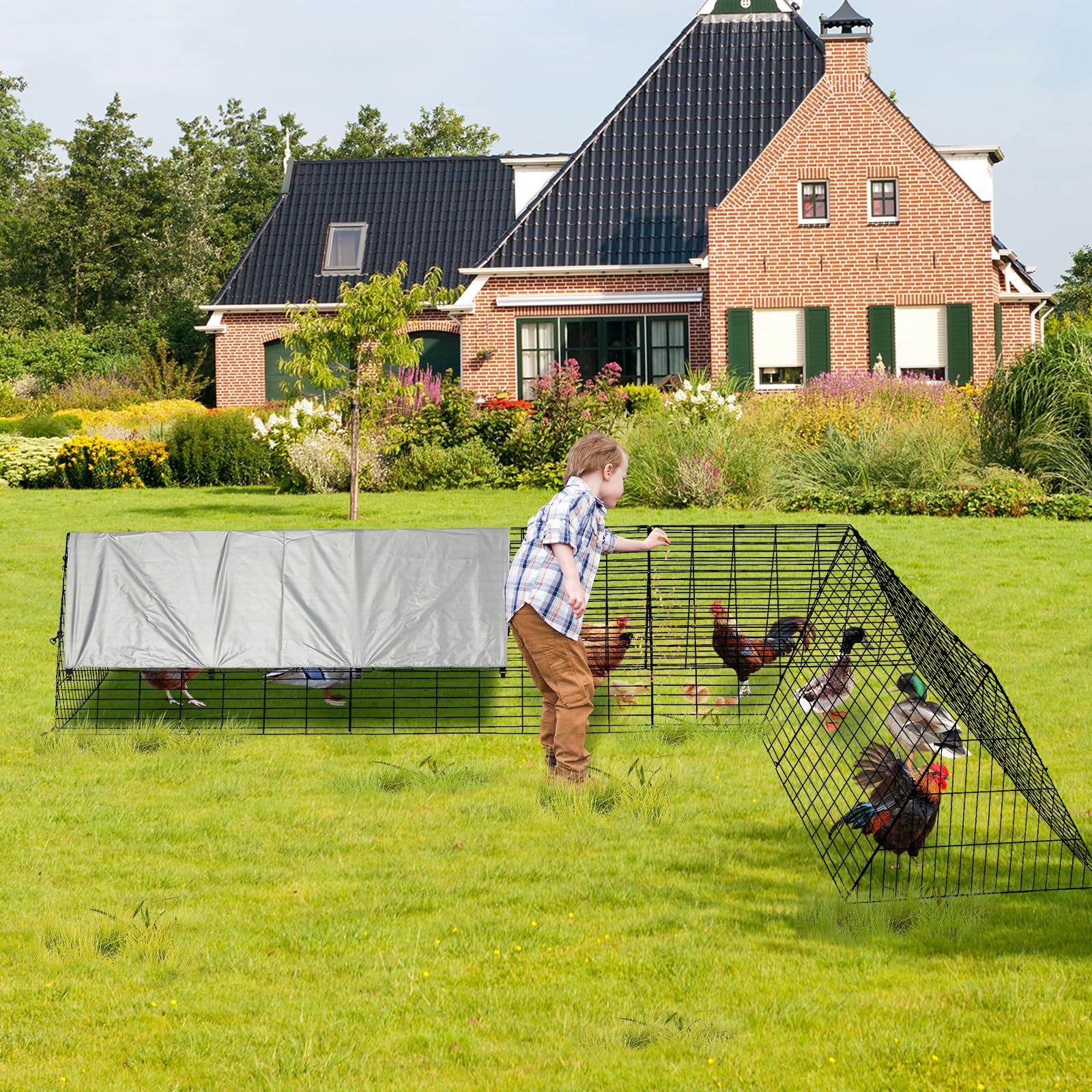 Garvee Mobile Chicken Run con copertura, struttura in acciaio, telone impermeabile per giardino e cortile, telaio angolare regolabile, recinto sicuro all'aperto, robusto e versatile