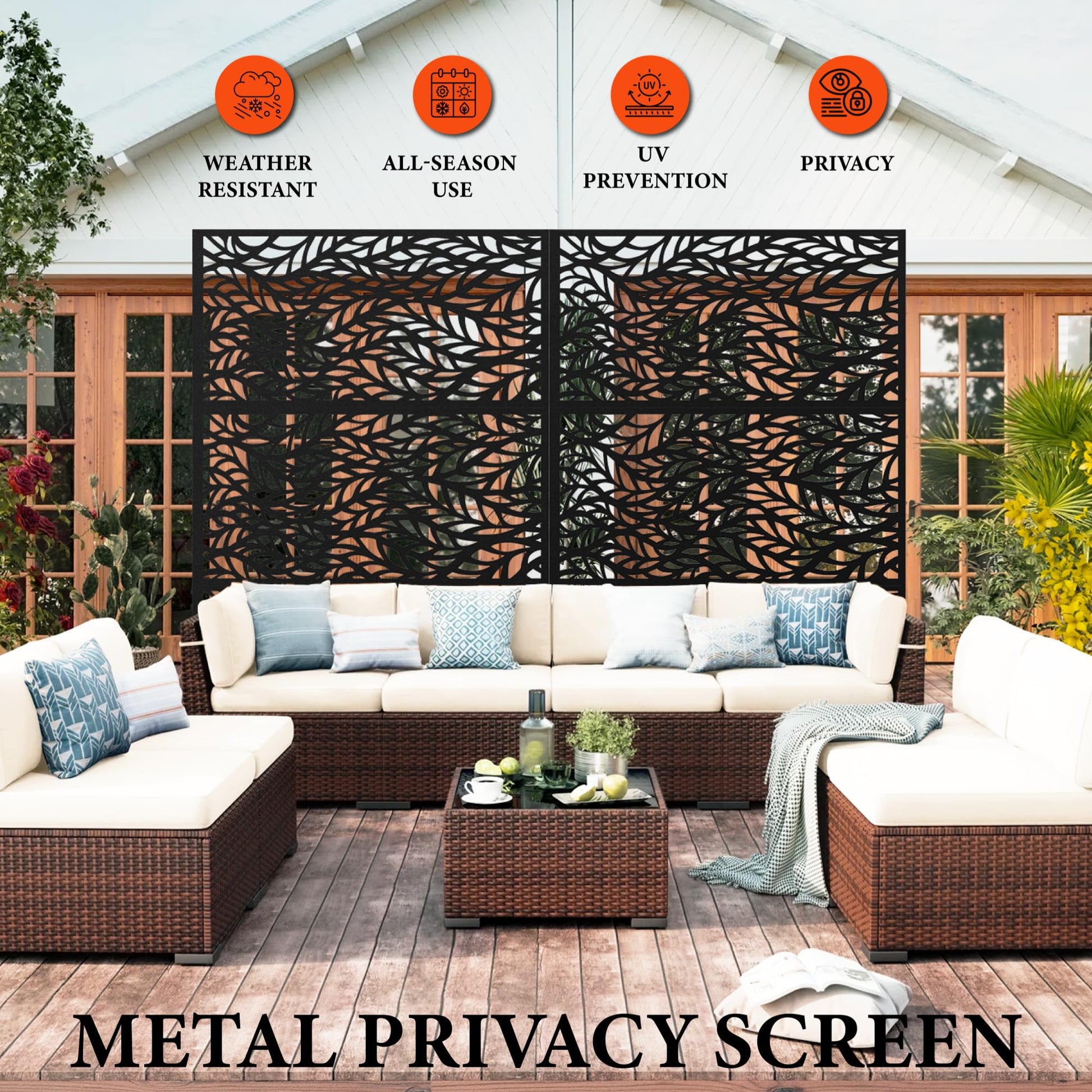 Garvee Metal Privacy Screen 72"x47" Robusto acciaio verniciato a polvere per giardino e balcone, antiruggine, 3 pannelli, autoportante, nero