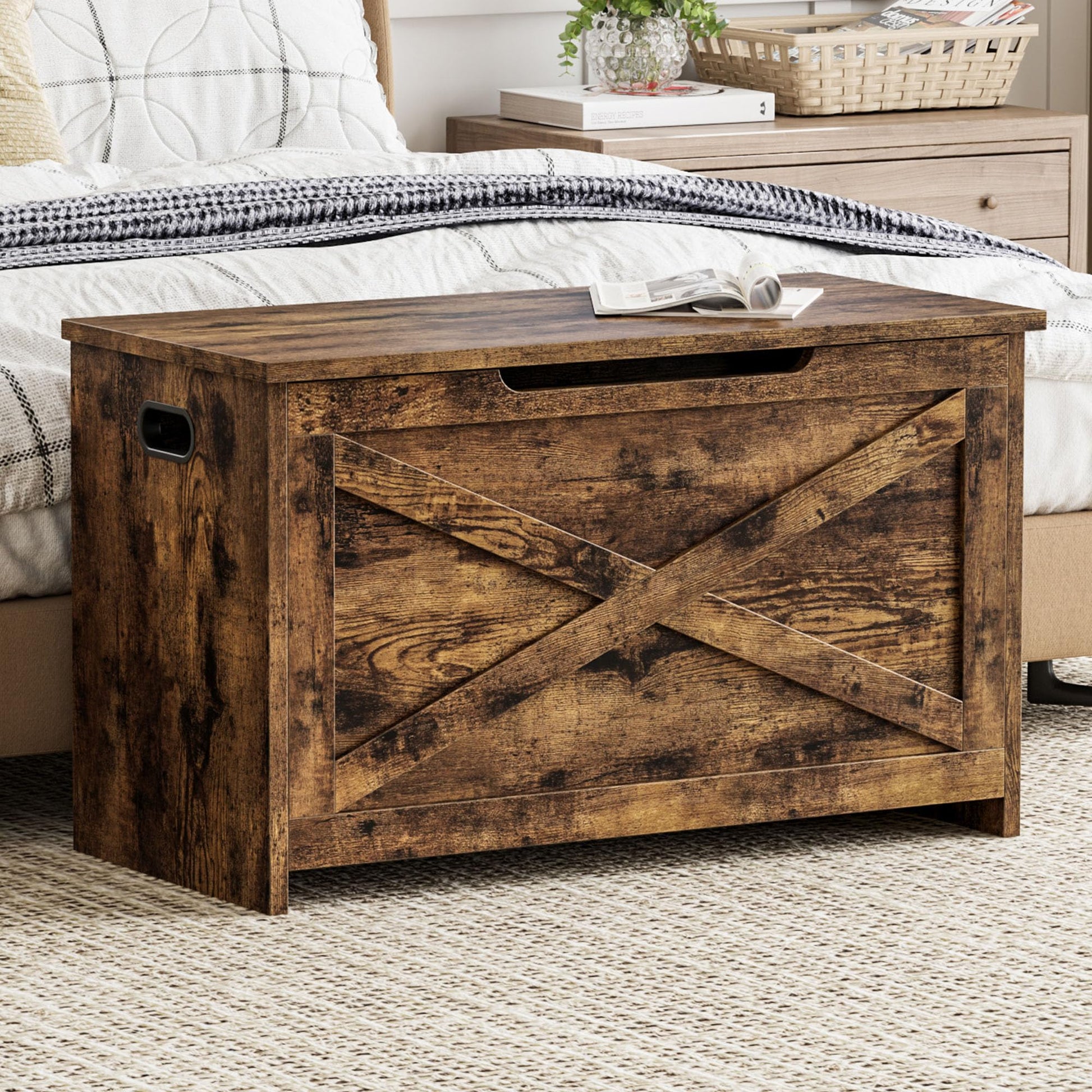 Panca portaoggetti in legno Garvee da 30 pollici con cerniere di sicurezza, grande capacità per soggiorno e camera da letto, robusta, versatile, marrone