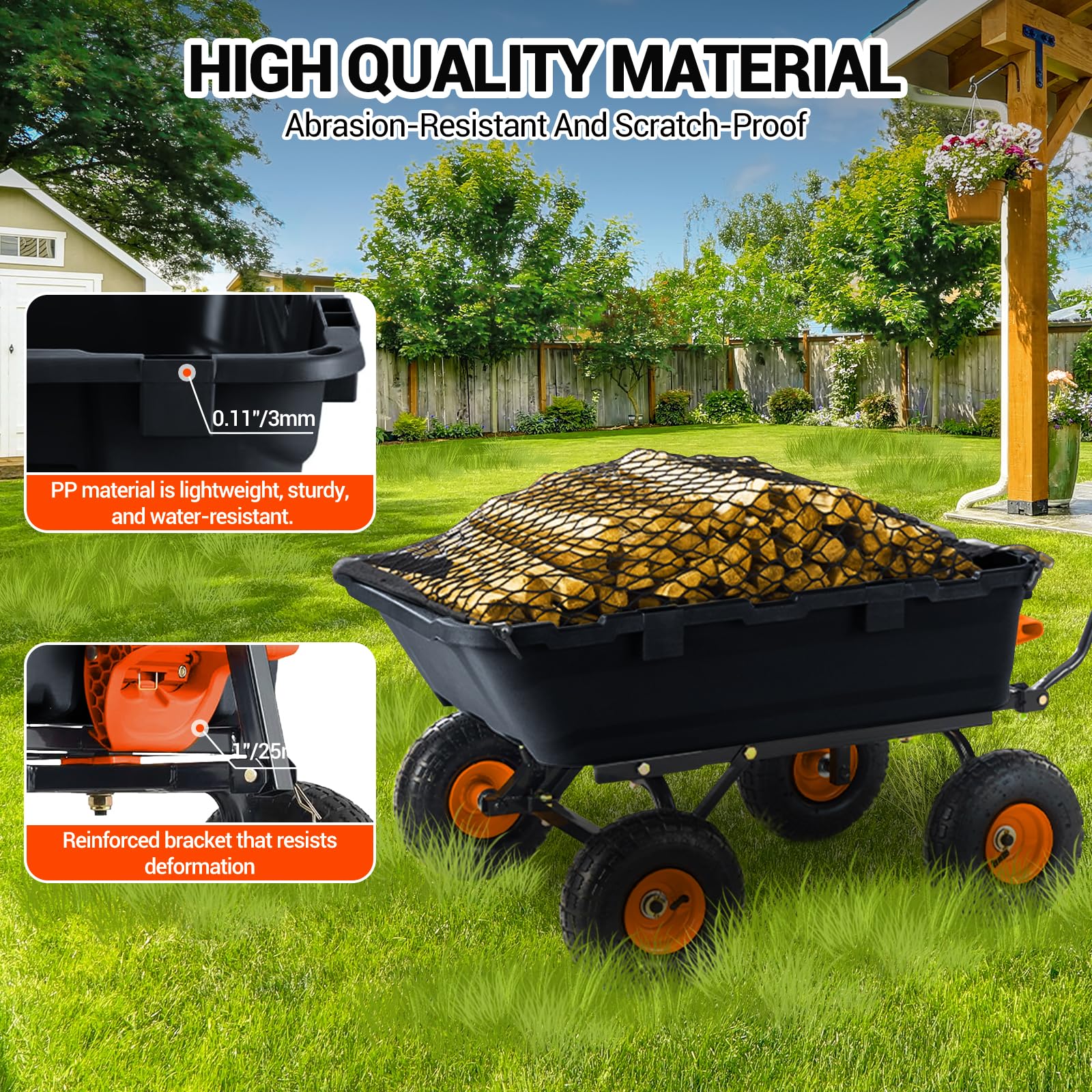 Carrello ribaltabile Garvee Poly Garden, capacità 800 libbre, pneumatici da 10 pollici, maniglia girevole a 180°, telaio in acciaio, scarico rapido, robusto, per giardino e agricoltura