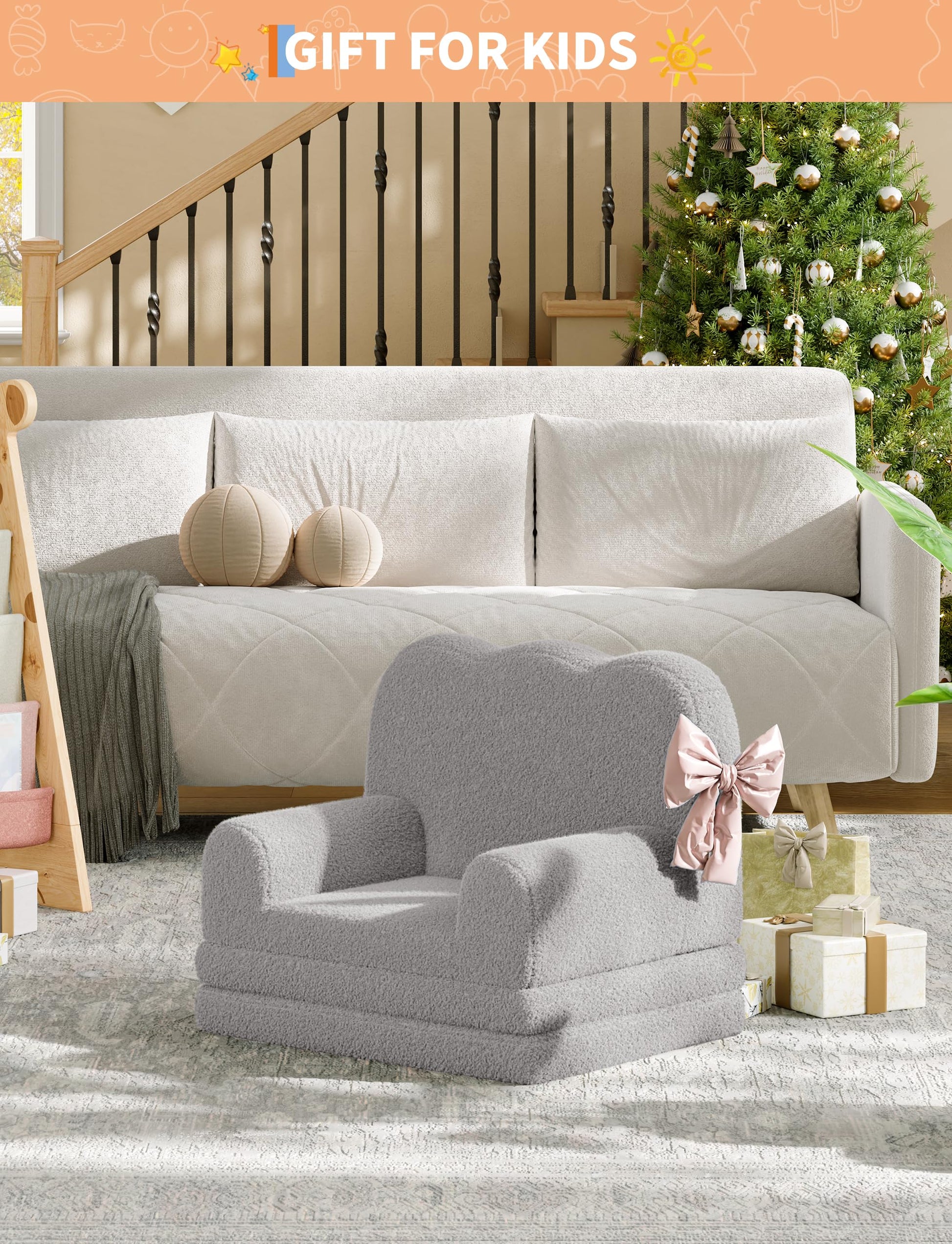 Divano per bambini Garvee 2 in 1 in pile Teddy grigio per sala giochi e cameretta dei bambini pieghevole morbido versatile