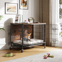 Garvee Dog Crate Furniture 32,5" Modern Double Door Estraibile Vassoio Ruote in Legno Soggiorno per Cani di Taglia Media