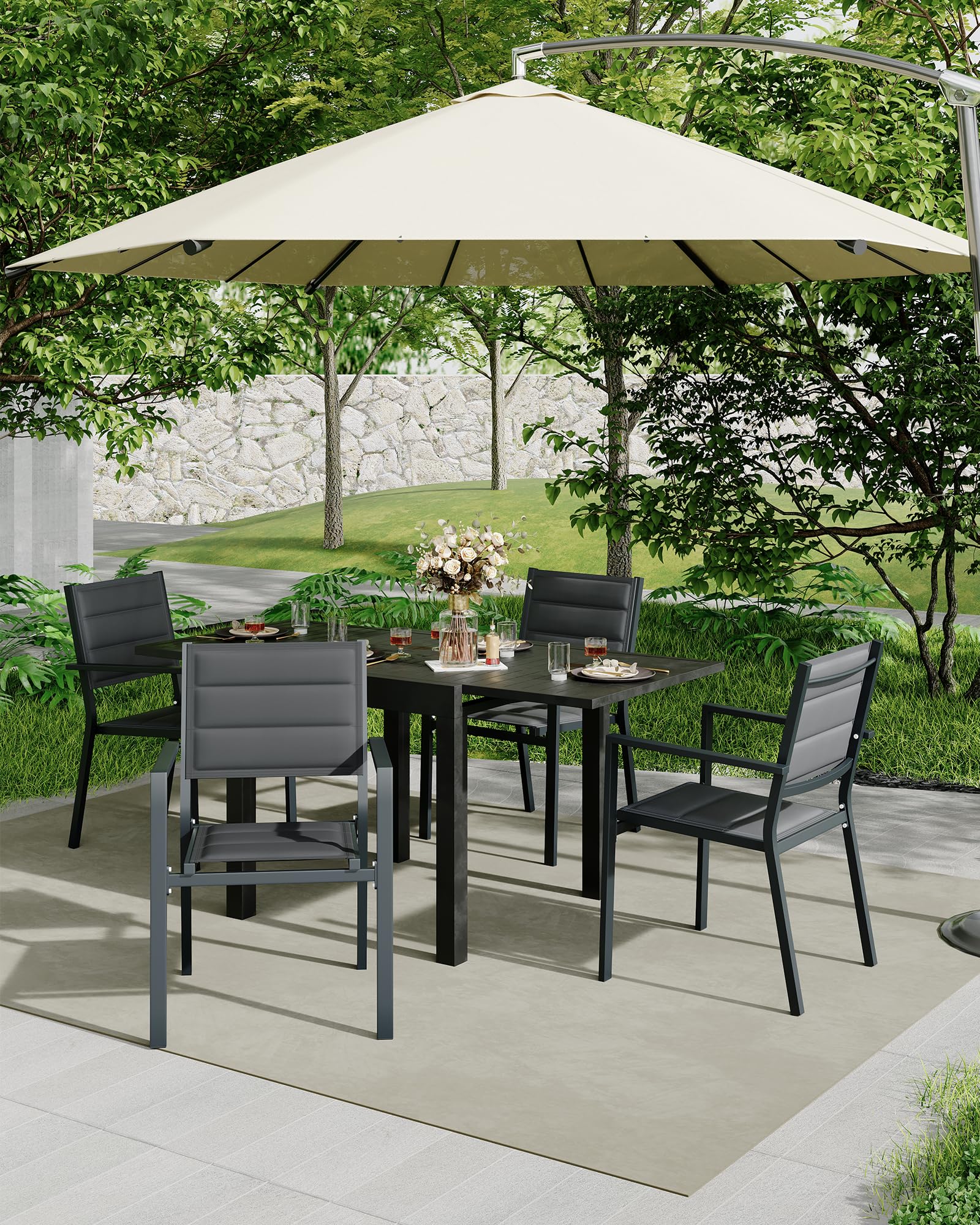 Garvee Set di 4 sedie impilabili in alluminio per patio, giardino e balcone, leggere e resistenti alle intemperie, grigio scuro, design moderno