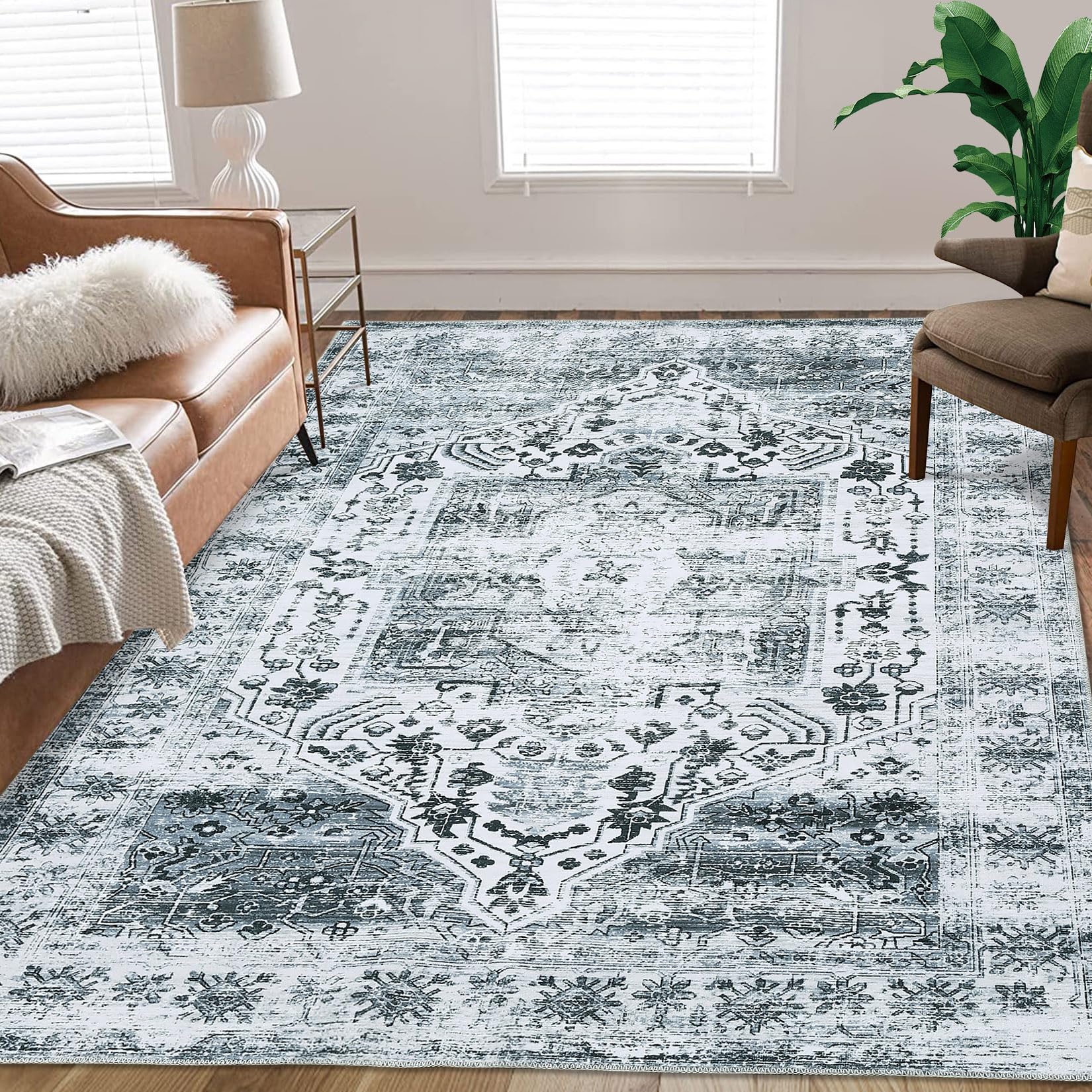 Tappeto Garvee lavabile in lavatrice 80 x 150 cm design vintage grigio antiscivolo soggiorno camera da letto