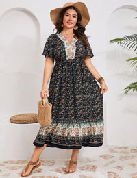Garvee Abito estivo da donna in stile boho, a maniche corte, midi, con scollo a V, da spiaggia, lungo, floreale, con volant, casual, nero, taglia L