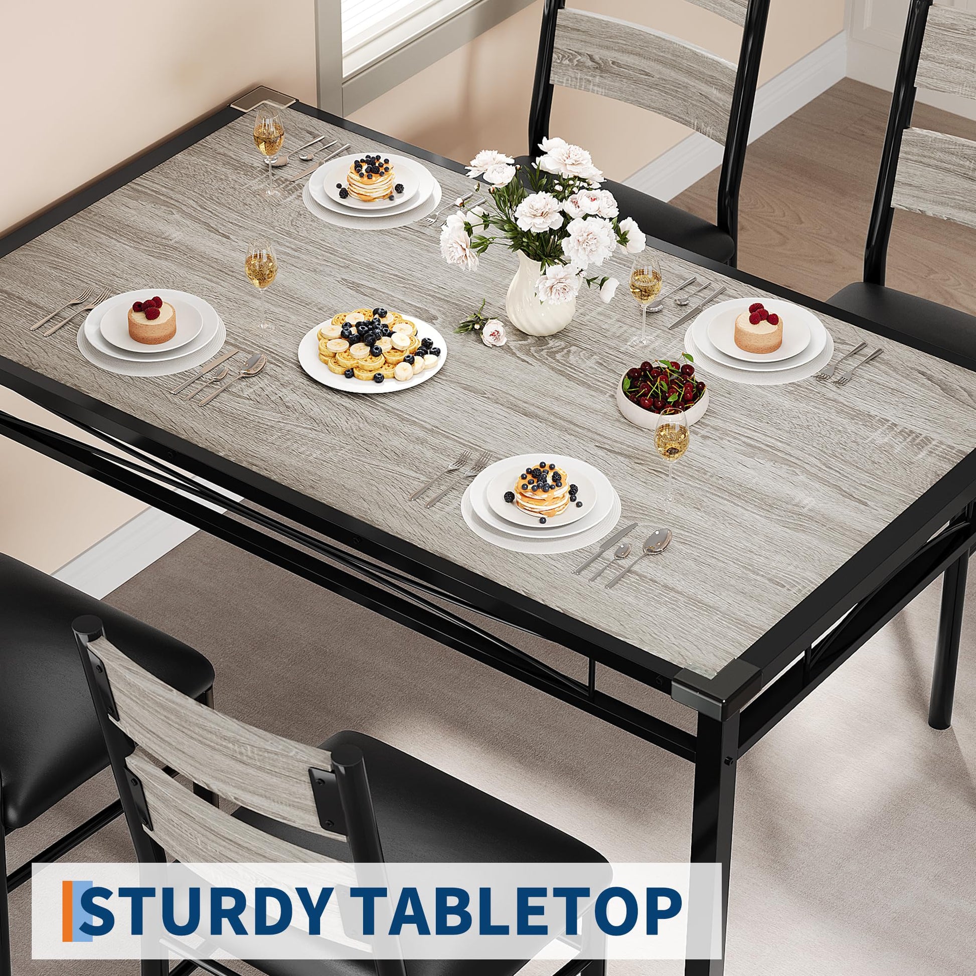Set da pranzo Garvee per 4 persone con protezioni angolari, sedie in PU, struttura in acciaio, piano in legno, grigio, per cucina e appartamento, salvaspazio