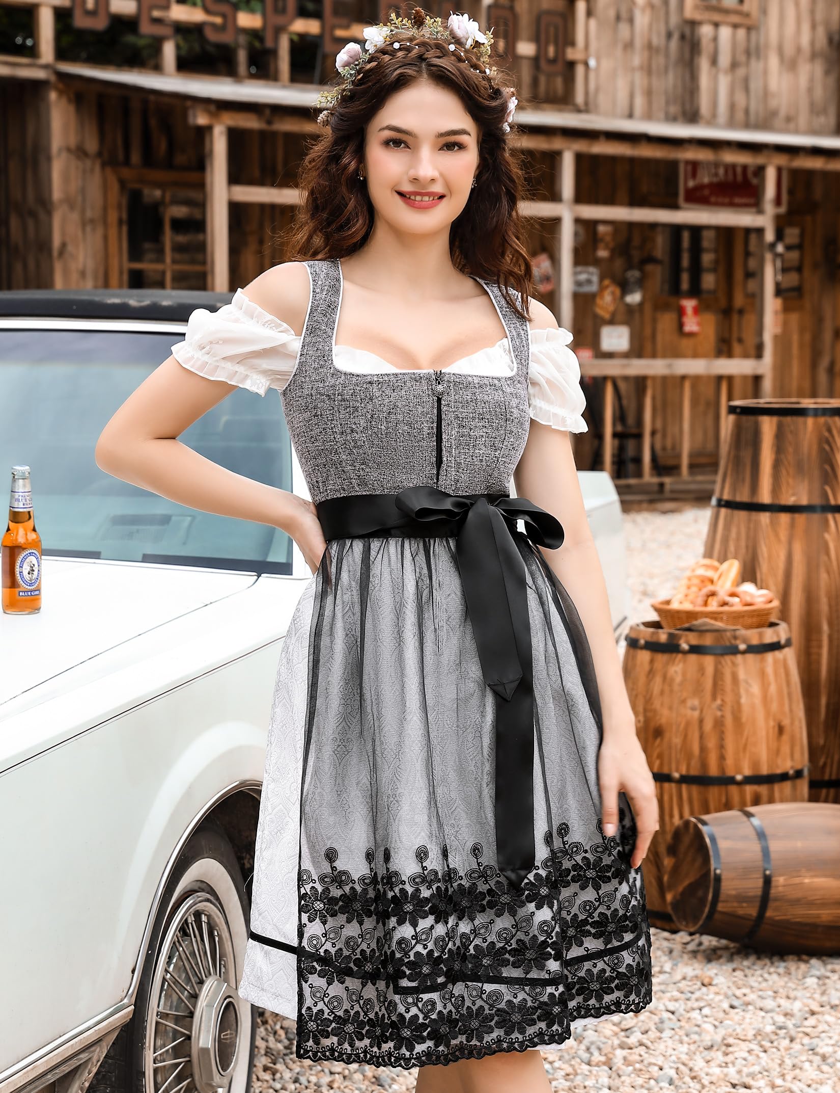 Garvee - Set da 3 pezzi in Dirndl tradizionale midi da donna per Oktoberfest, Carnevale e Martedì Grasso, grigio, taglia 42, autentico, elegante, resistente