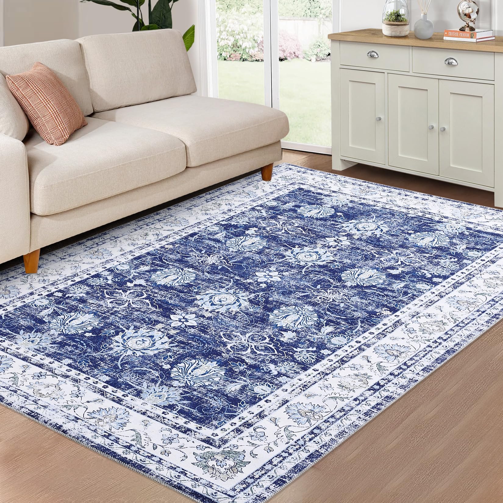 Tappeto lavabile Garvee 120x170cm antiscivolo a pelo corto in cotone vintage blu navy per soggiorno, sala da pranzo, ufficio
