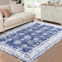 Tappeto lavabile Garvee 120x170cm antiscivolo a pelo corto in cotone vintage blu navy per soggiorno, sala da pranzo, ufficio