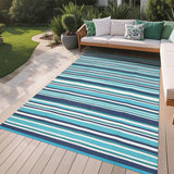 Garvee Tappeto Esterno 9x12 Navy Blue Teal, Linee Geometriche Moderne, Doppia Faccia, Plastica Paglia, Antiscivolo con Anelli e Picchetti, Portatile per Patio Spiaggia RV