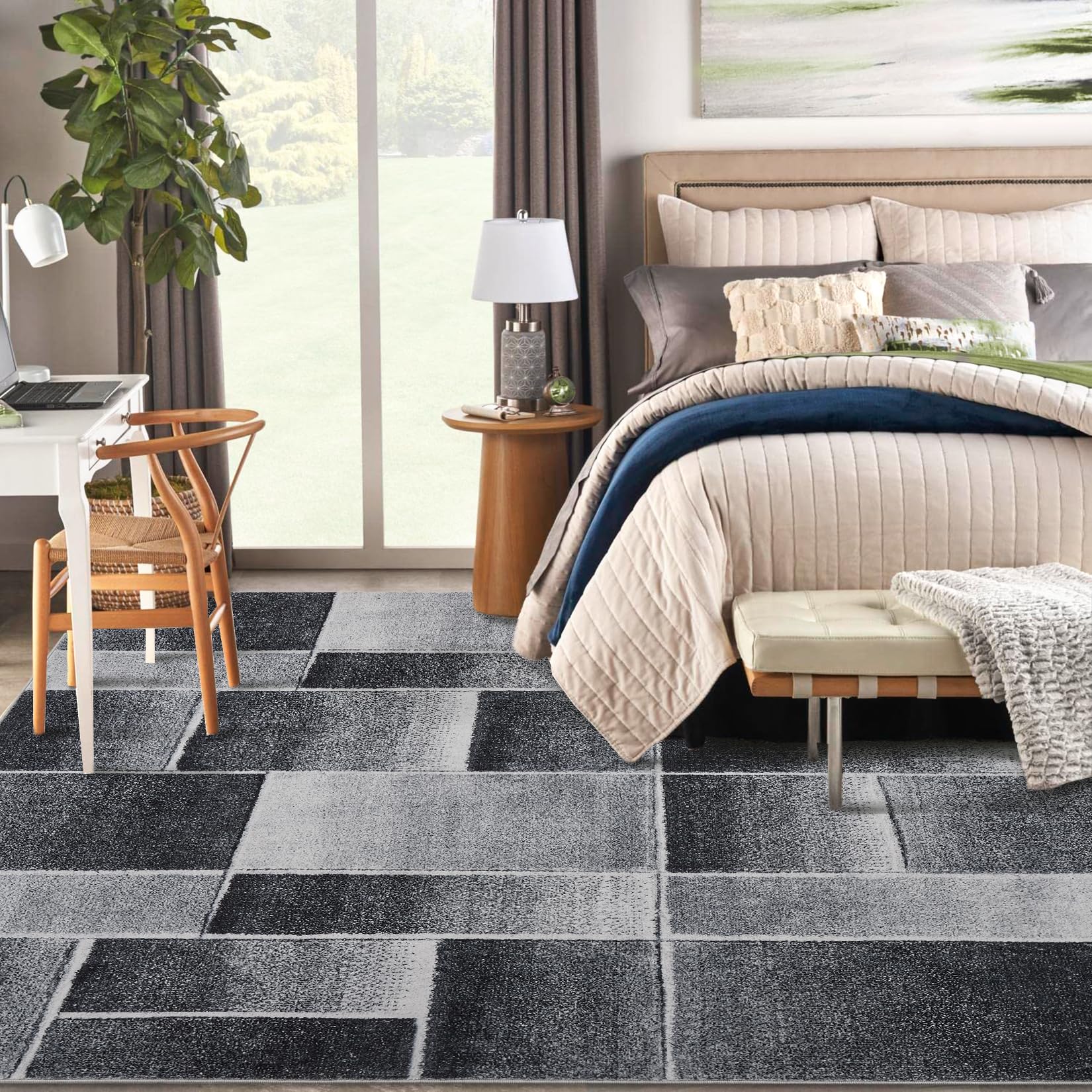 Tappeto moderno a pelo corto Garvee con taglio sagomato e motivo geometrico per soggiorno e camera da letto, 200x290 cm, nero