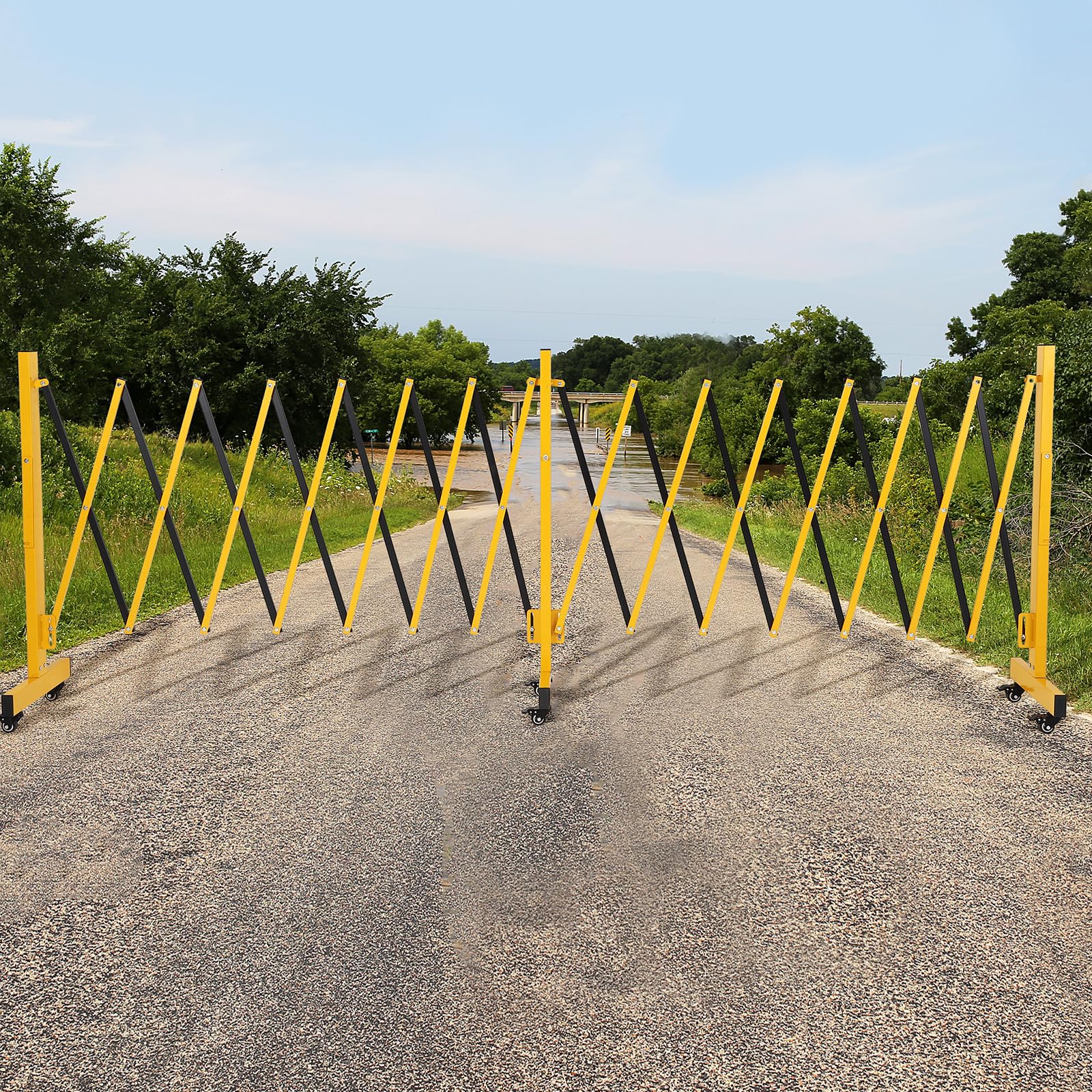 Garvee Cancello di sicurezza pieghevole estensibile da 23 piedi con ruote per uso industriale e domestico, in metallo, resistente, con schermo per la privacy, mobile, giallo nero