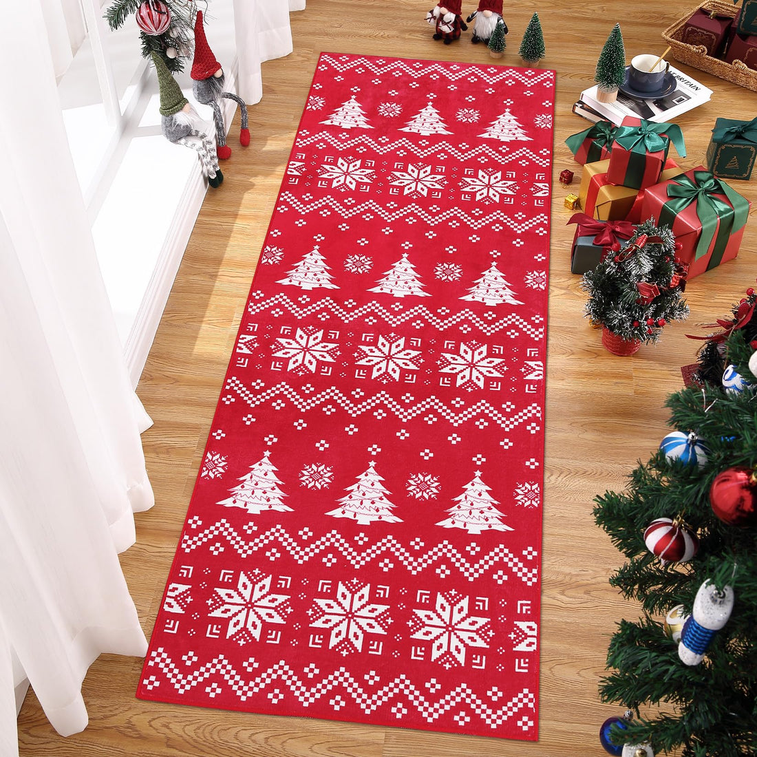 Garvee Teppichläufer Natalizio Antiscivolo Lavabile 60x180cm Rosso Motivo Fiocchi di Neve per Soggiorno e Camera da Letto