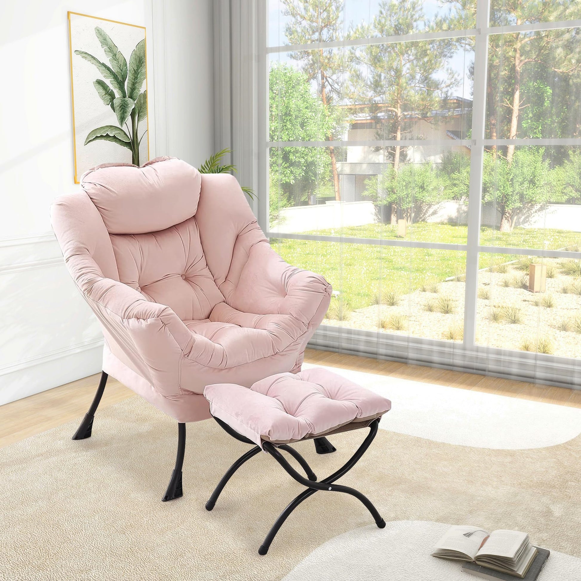 Sedia girevole Garvee con poggiapiedi, rosa, ergonomica e stabile, per soggiorno e ufficio, in peluche, pieghevole