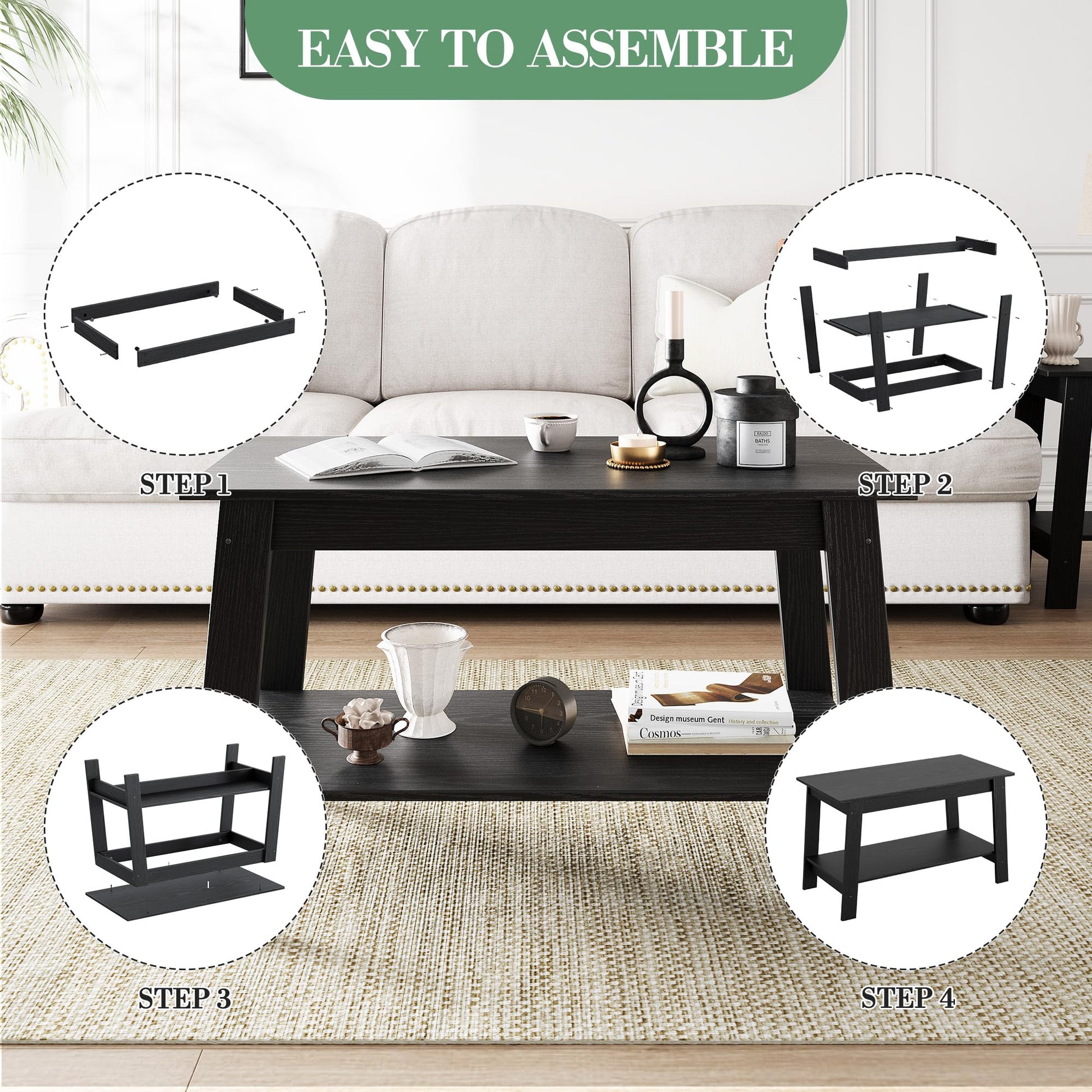 Tavolino rustico Garvee con doppio ripiano, rettangolare, in legno, finitura nera, per soggiorno e ufficio, 31,5x15,4x18,9 pollici