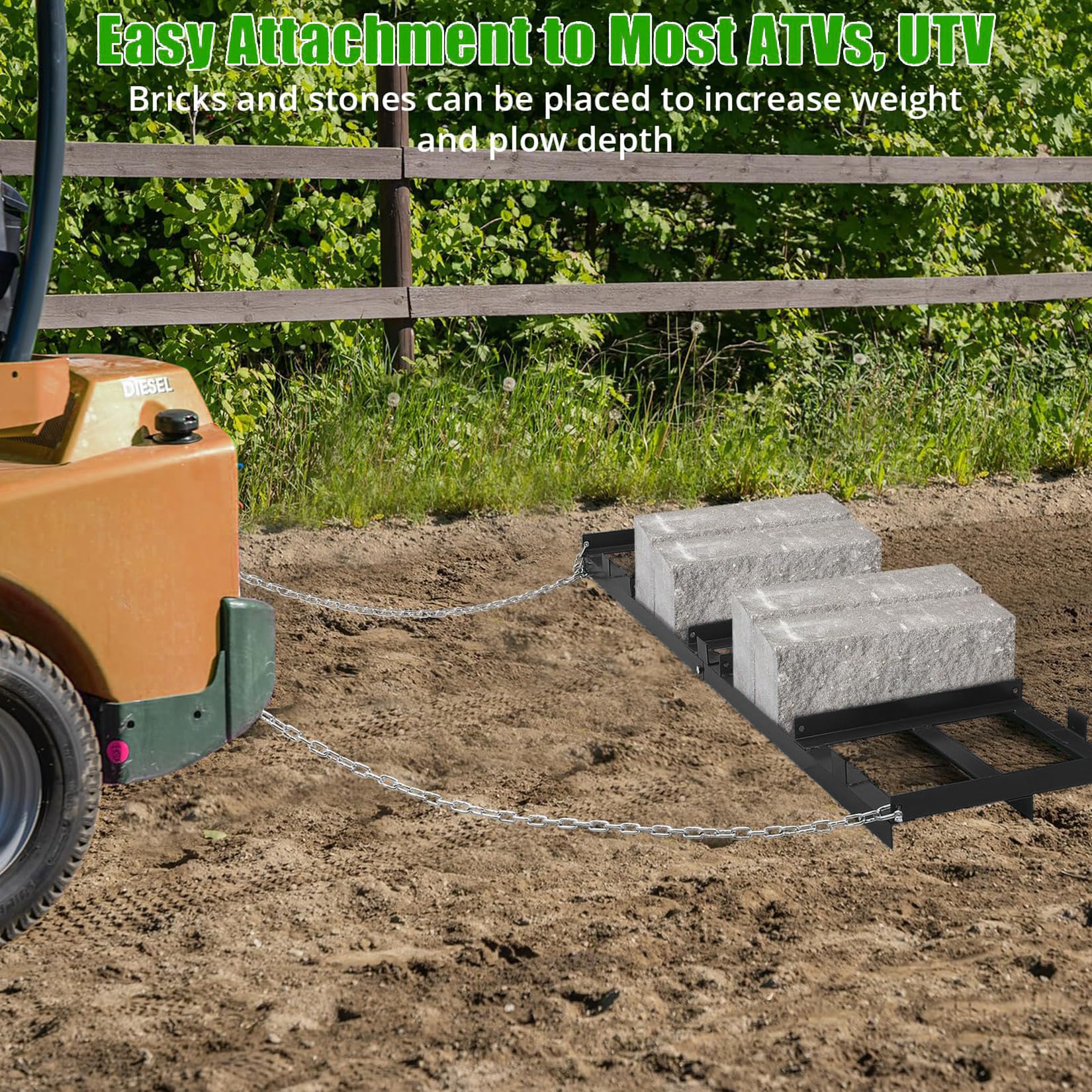 Imbracatura per erpice trainato Garvee da 4 piedi con barre regolabili, catena da 72 pollici, acciaio, resistente, per giardinaggio, compatibile con ATV, verde