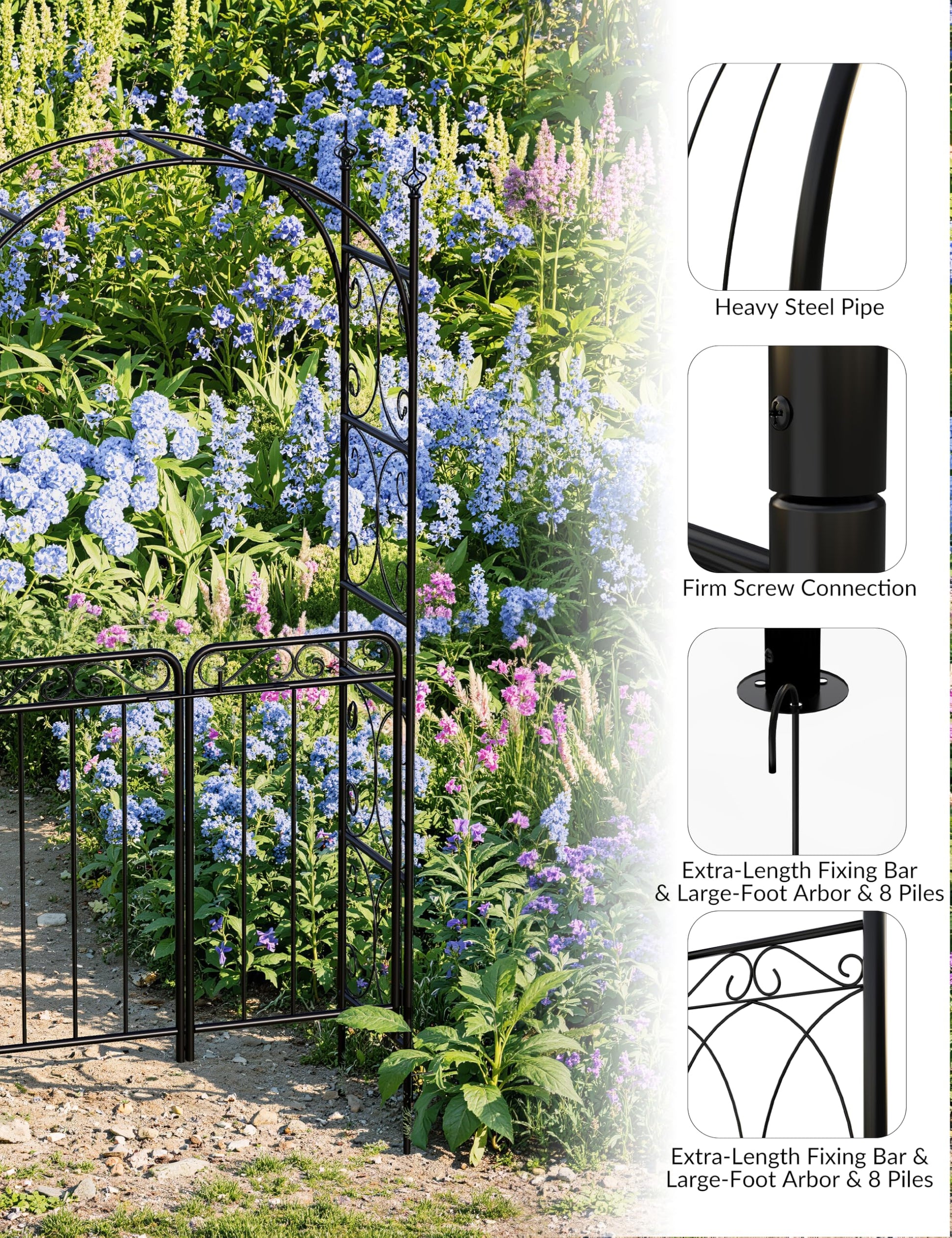Arco da giardino Garvee da 8 piedi con cancello, metallo pesante, resistente alle intemperie, nero, per matrimoni e giardino, struttura a traliccio
