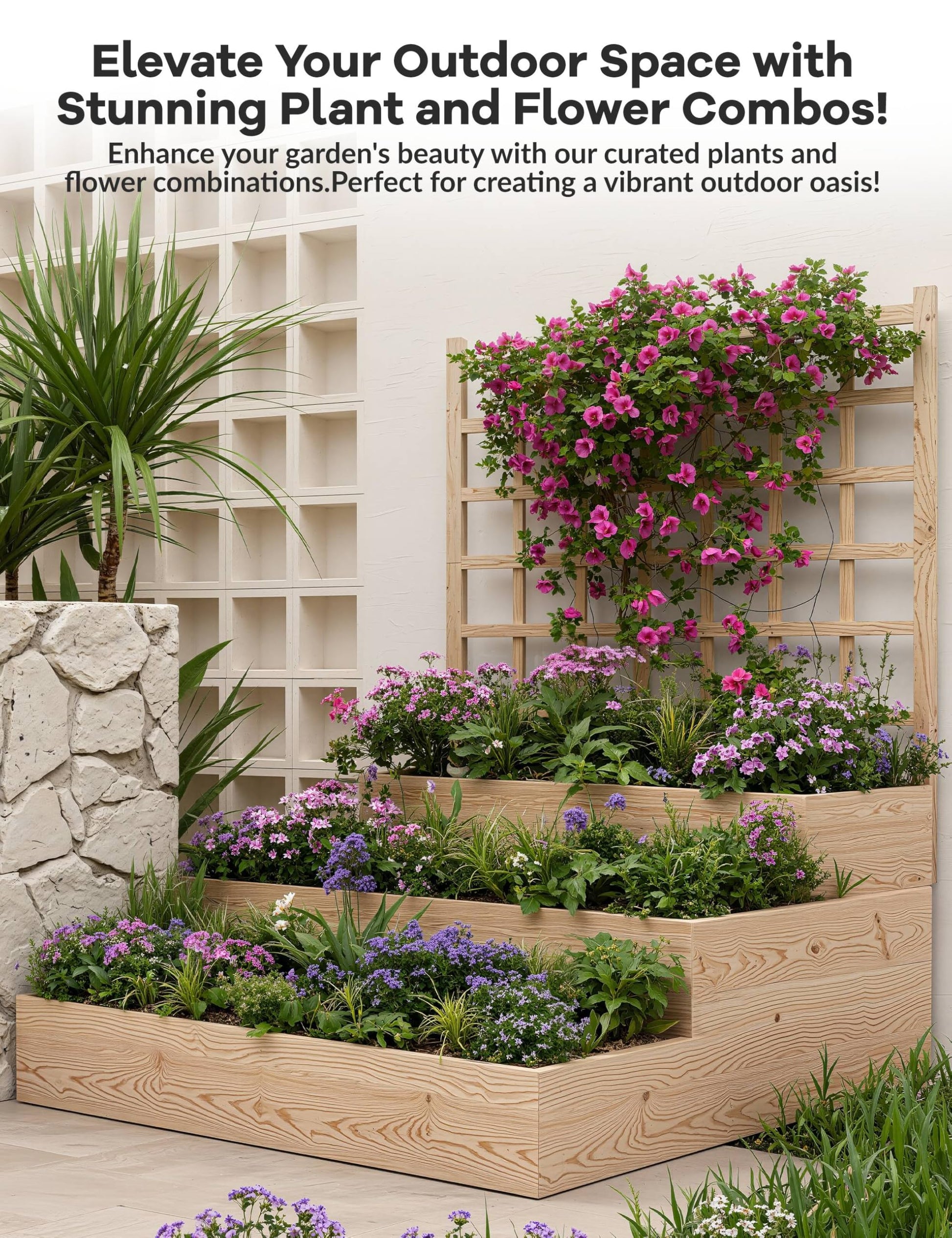Aiuola rialzata Garvee a 3 livelli in legno di abete con traliccio per balcone e giardino, modulare, aperta, in legno naturale
