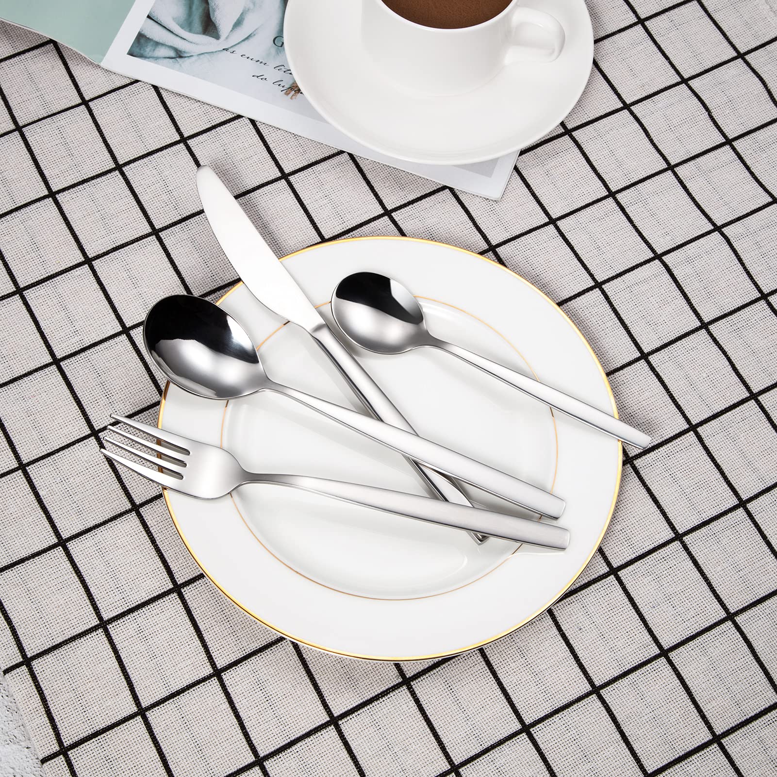 Set di posate Garvee da 60 pezzi in argento per 12 persone, acciaio inossidabile, lucidato a specchio, antiruggine, lavabile in lavastoviglie, per casa e ristorante, argento