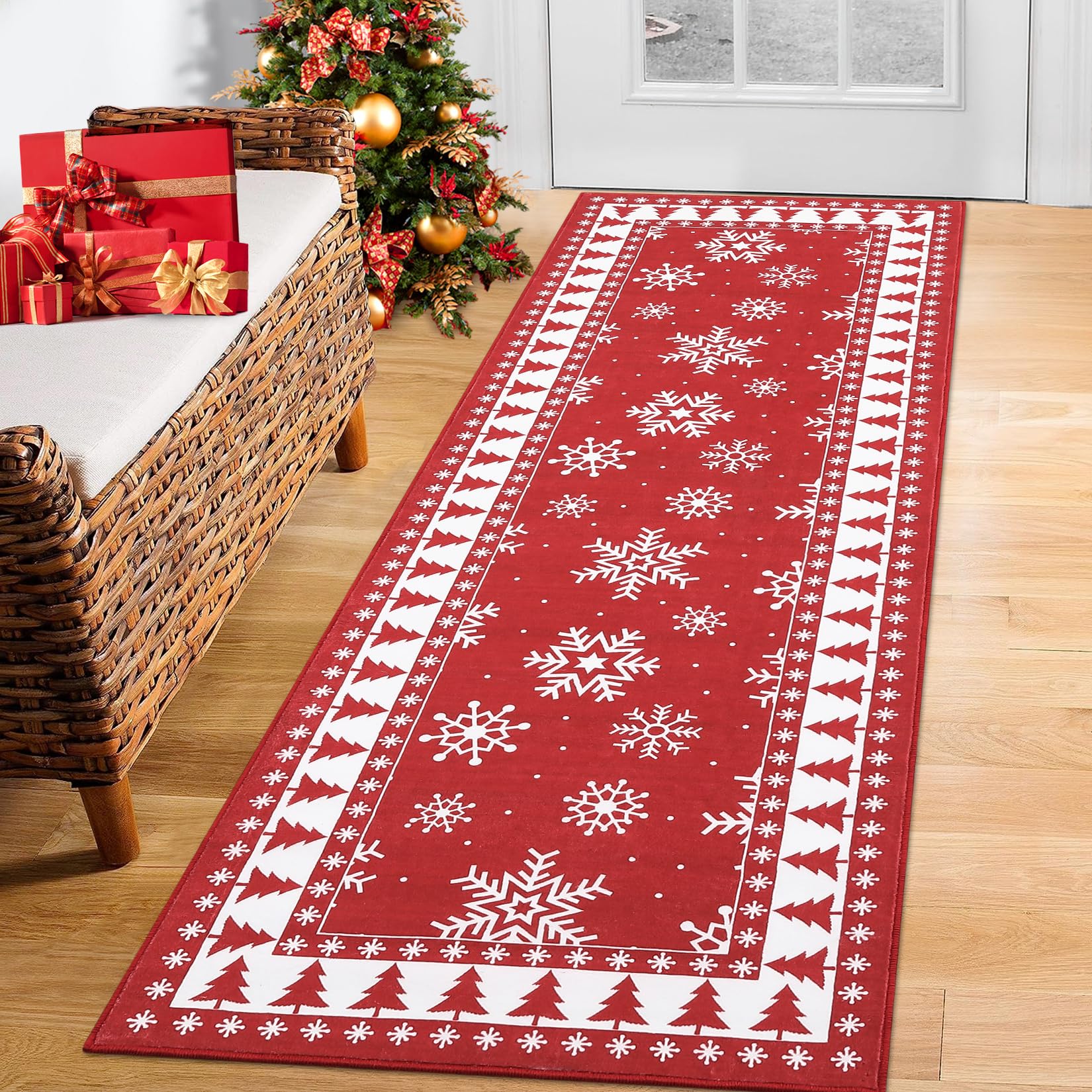 Tappeto natalizio romantico Garvee con fiocco di neve, rosso, antiscivolo, per soggiorno, sala da pranzo, cucina, 60x180 cm