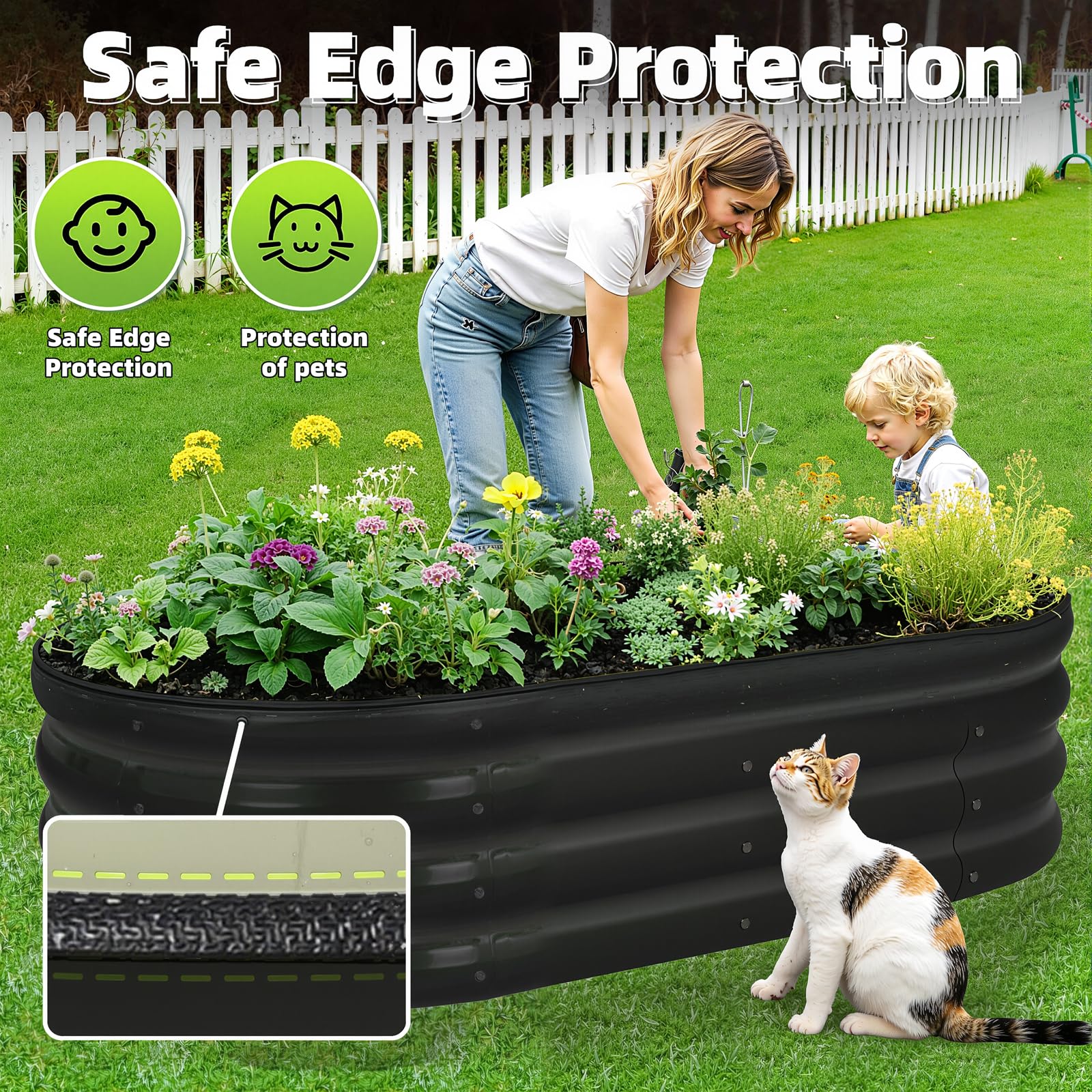 Aiuola rialzata in metallo ovale zincato senza fondo Garvee 195x60x28cm con bordo di sicurezza